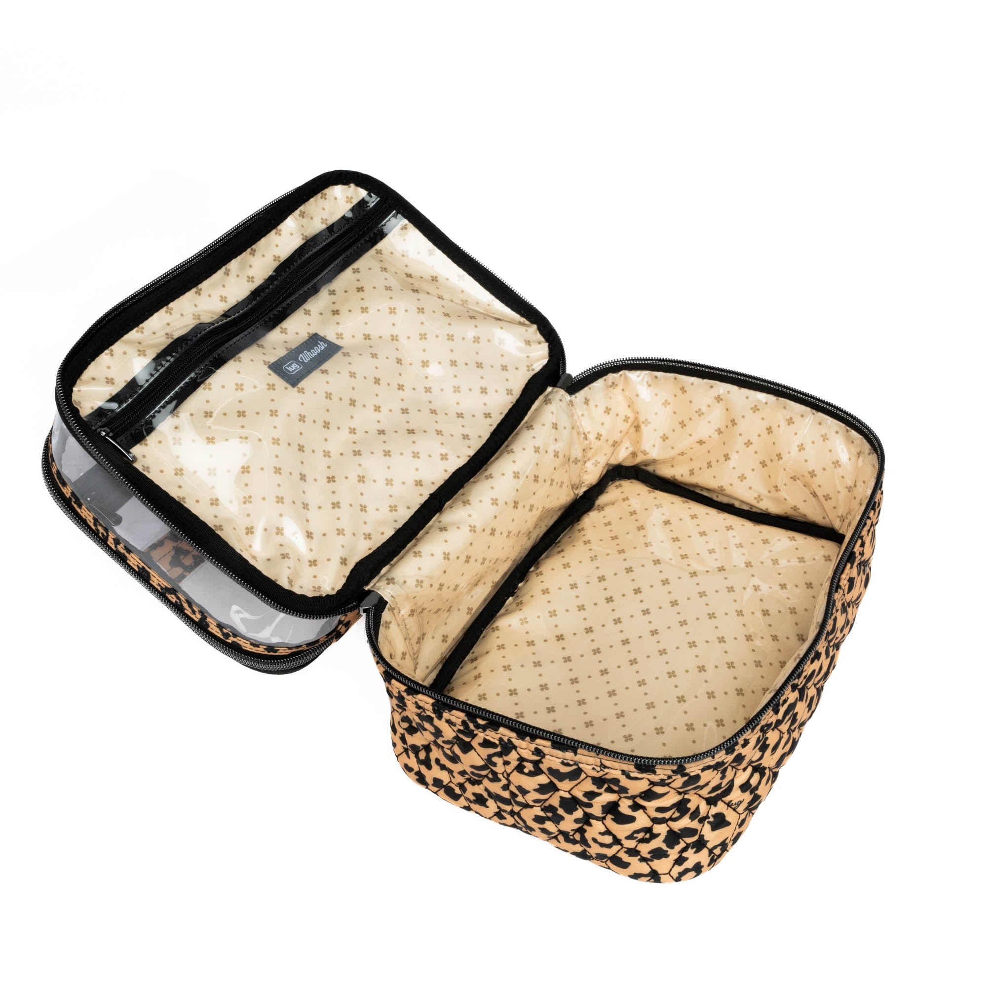 Lug Whoosh Clearview cosmetic case with spotted leopard pattern, transparent design, and secure zipper closure.