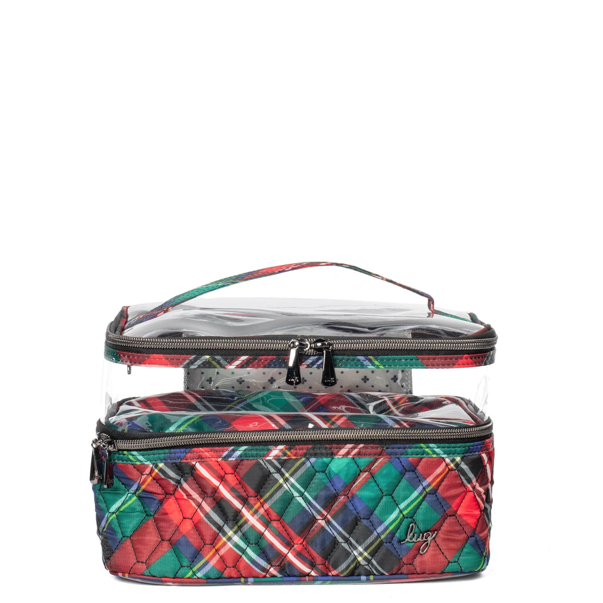 Lug Whoosh Clearview cosmetic case with tartan plaid design, transparent sides, and zipper closure for makeup storage.