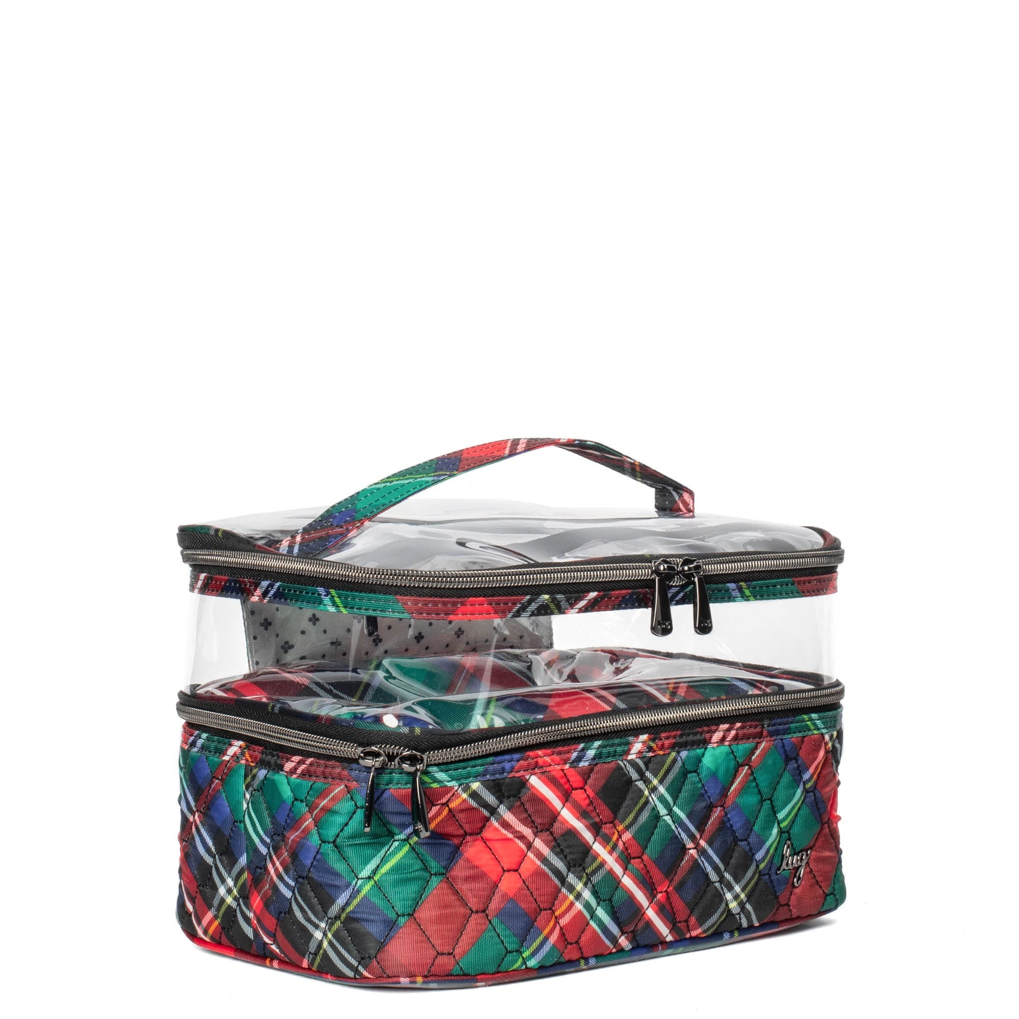 Lug Whoosh Clearview cosmetic case with tartan plaid pattern, transparent design, and secure zipper closure for makeup storage.