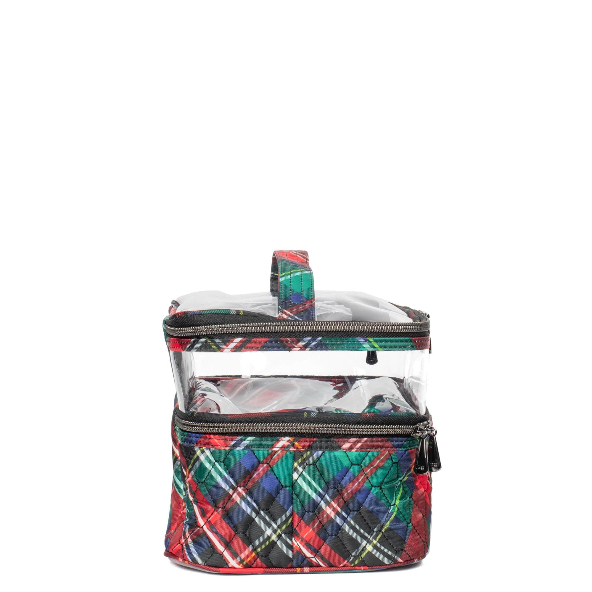 Lug Whoosh Clearview cosmetic case with tartan plaid design, transparent zipper compartments, and compact storage for makeup and accessories.