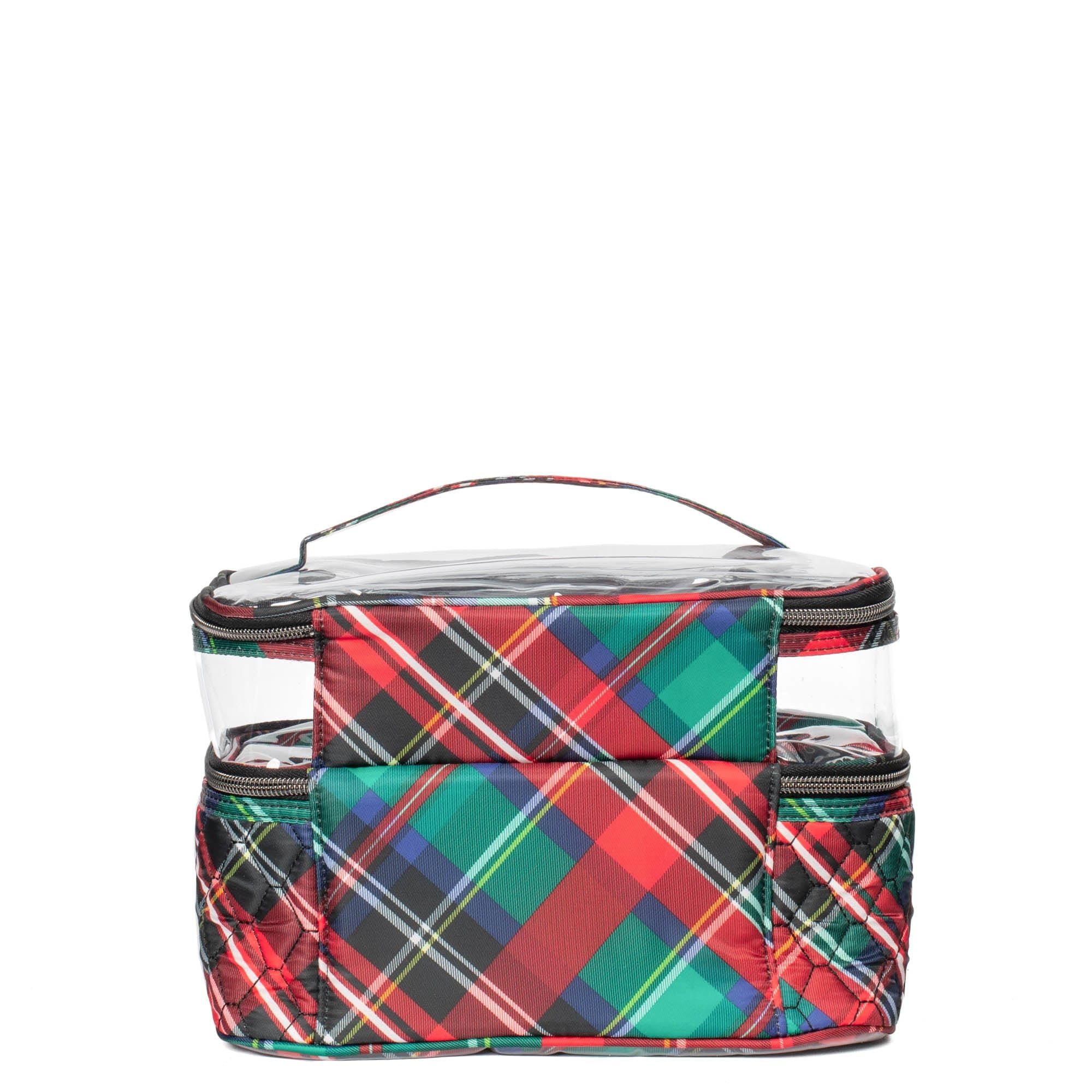 Lug Whoosh Clearview cosmetic case with tartan plaid design, transparent compartments for organizing makeup and beauty essentials.