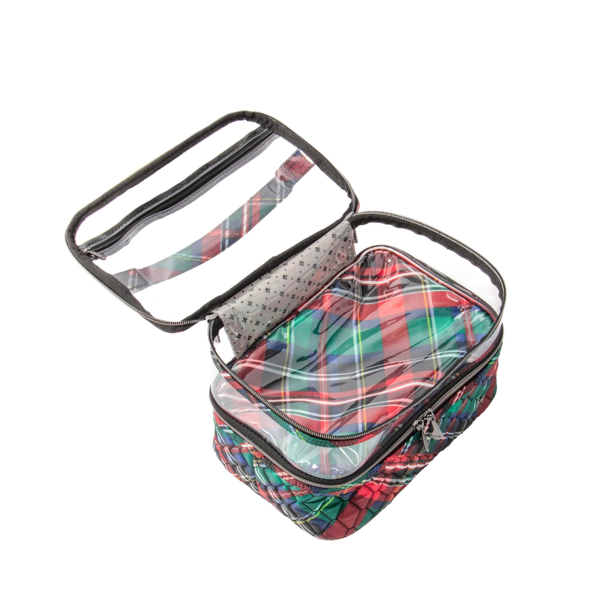 Lug Whoosh Clearview cosmetic case with tartan plaid design, transparent exterior, and compact storage for makeup and accessories.