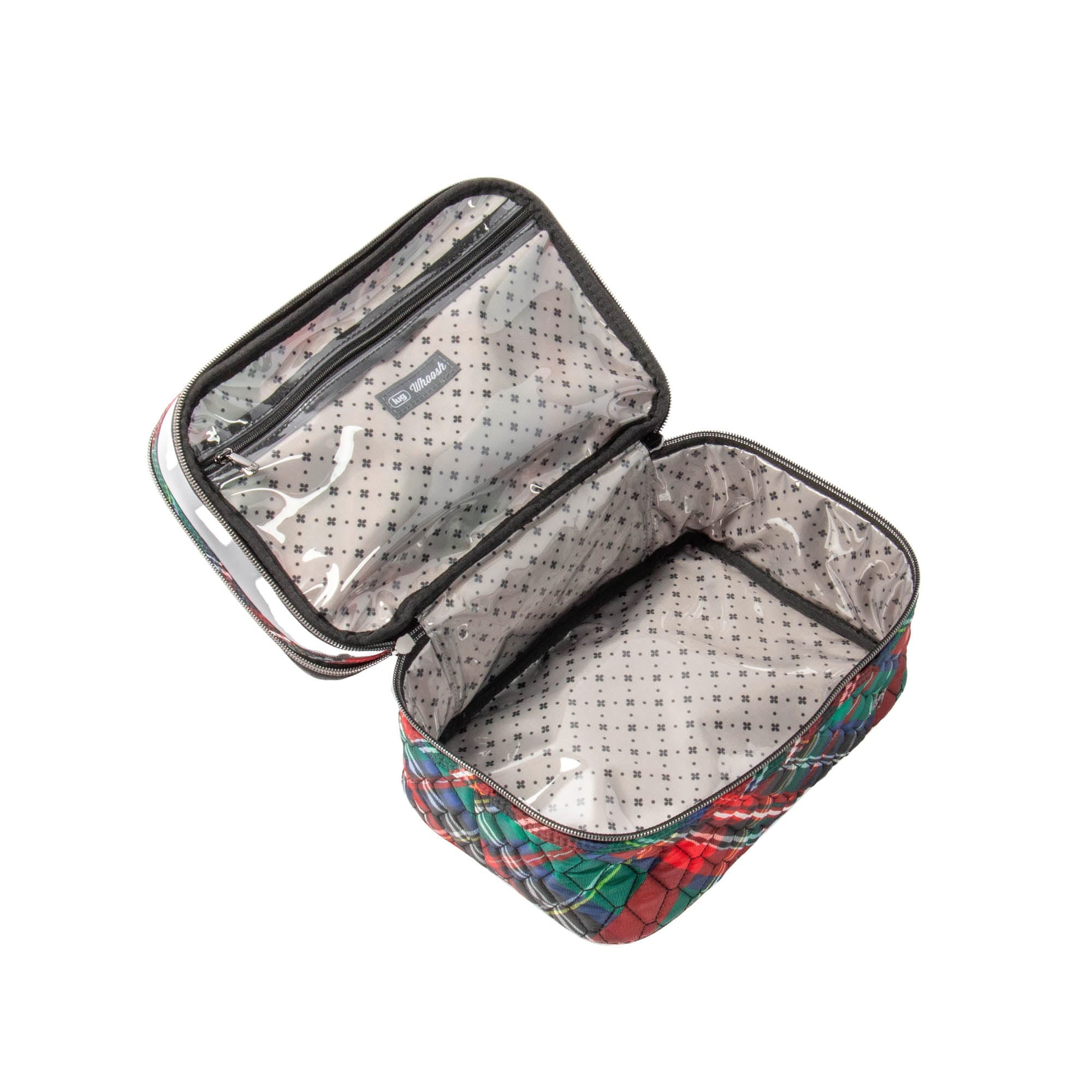 Lug Whoosh Clearview cosmetic case with tartan plaid pattern, transparent design, and multiple compartments for beauty essentials.