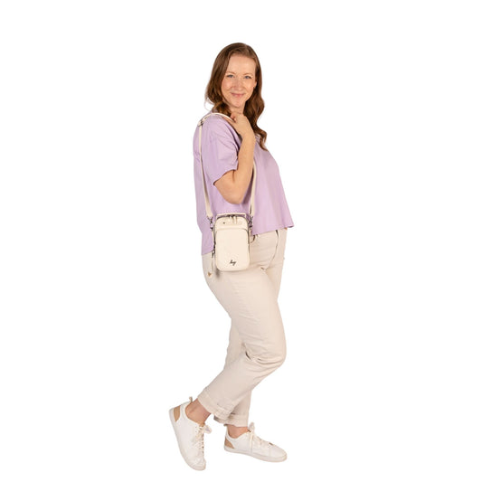 Lug Skeeter Mini Bridge Satin Luxe VL convertible crossbody bag in elegant satin finish with adjustable strap and compact design.