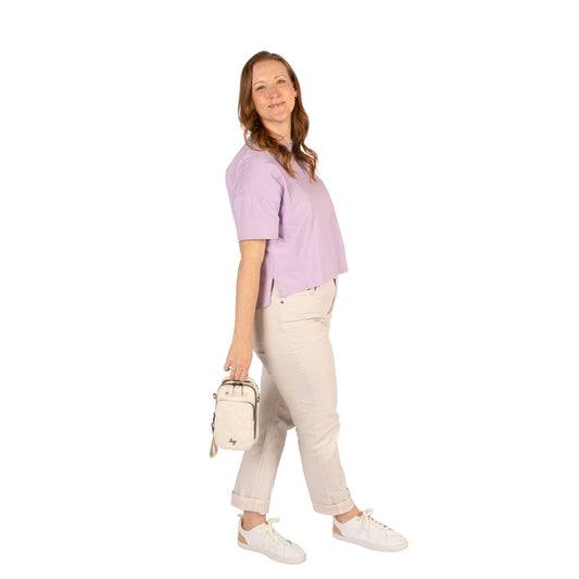 Lug Skeeter Mini Bridge Satin Luxe VL convertible crossbody bag in sleek satin with adjustable strap and compact design.