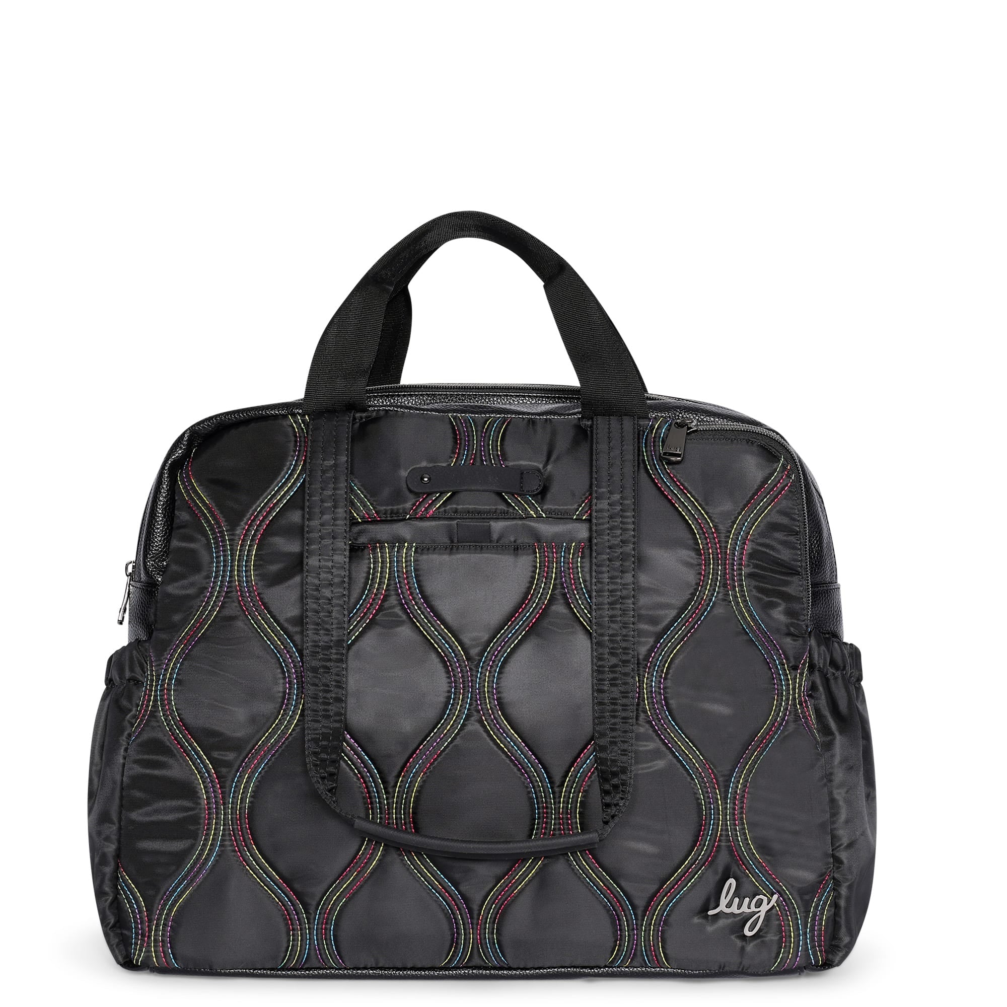 Black Lug Aviator Carry-All Tote Bag with rainbow stitch detailing, spacious design, and durable tote handles.