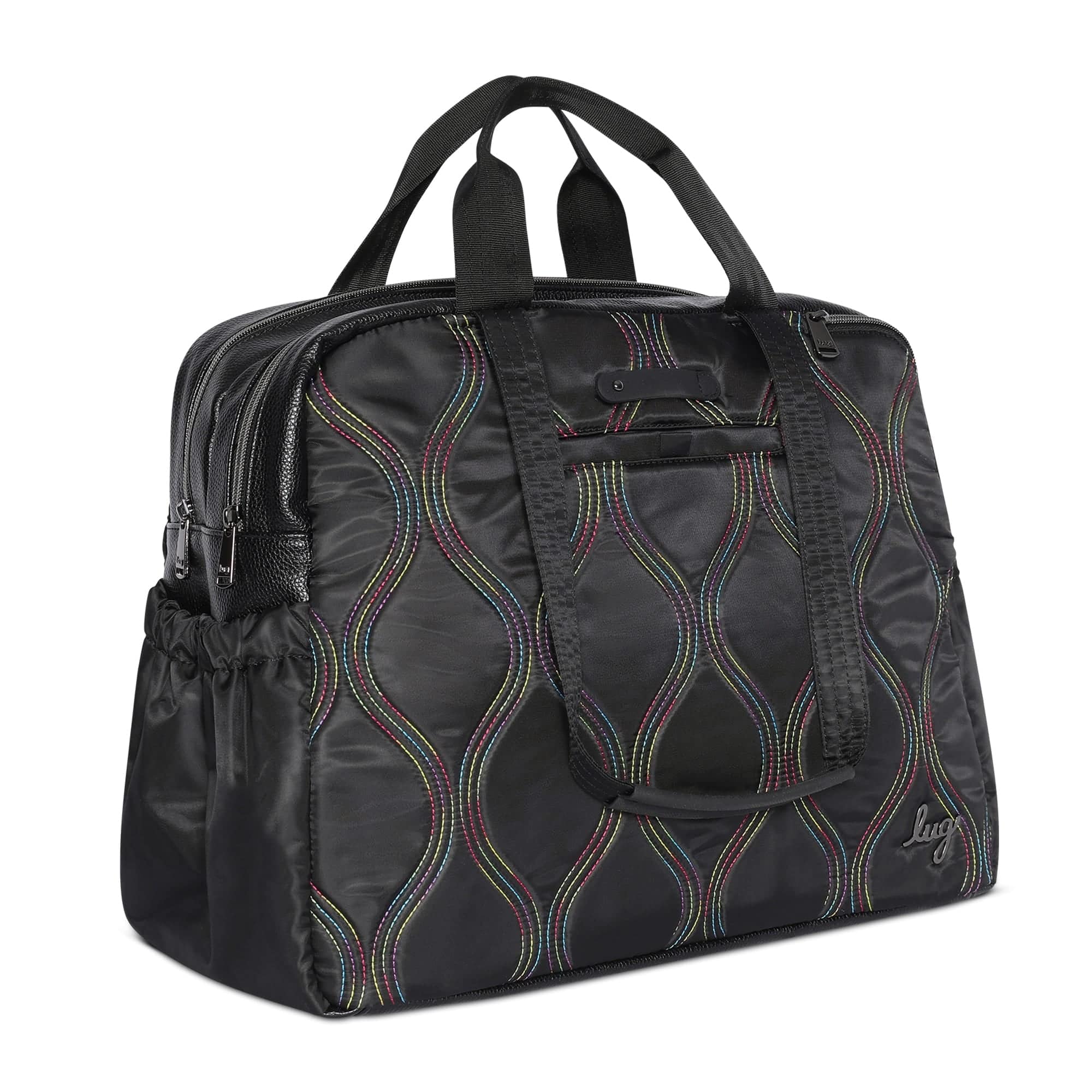 Black Lug Aviator Carry-All Tote Bag with rainbow stitch detail, spacious design, and sturdy handles for versatile everyday use.