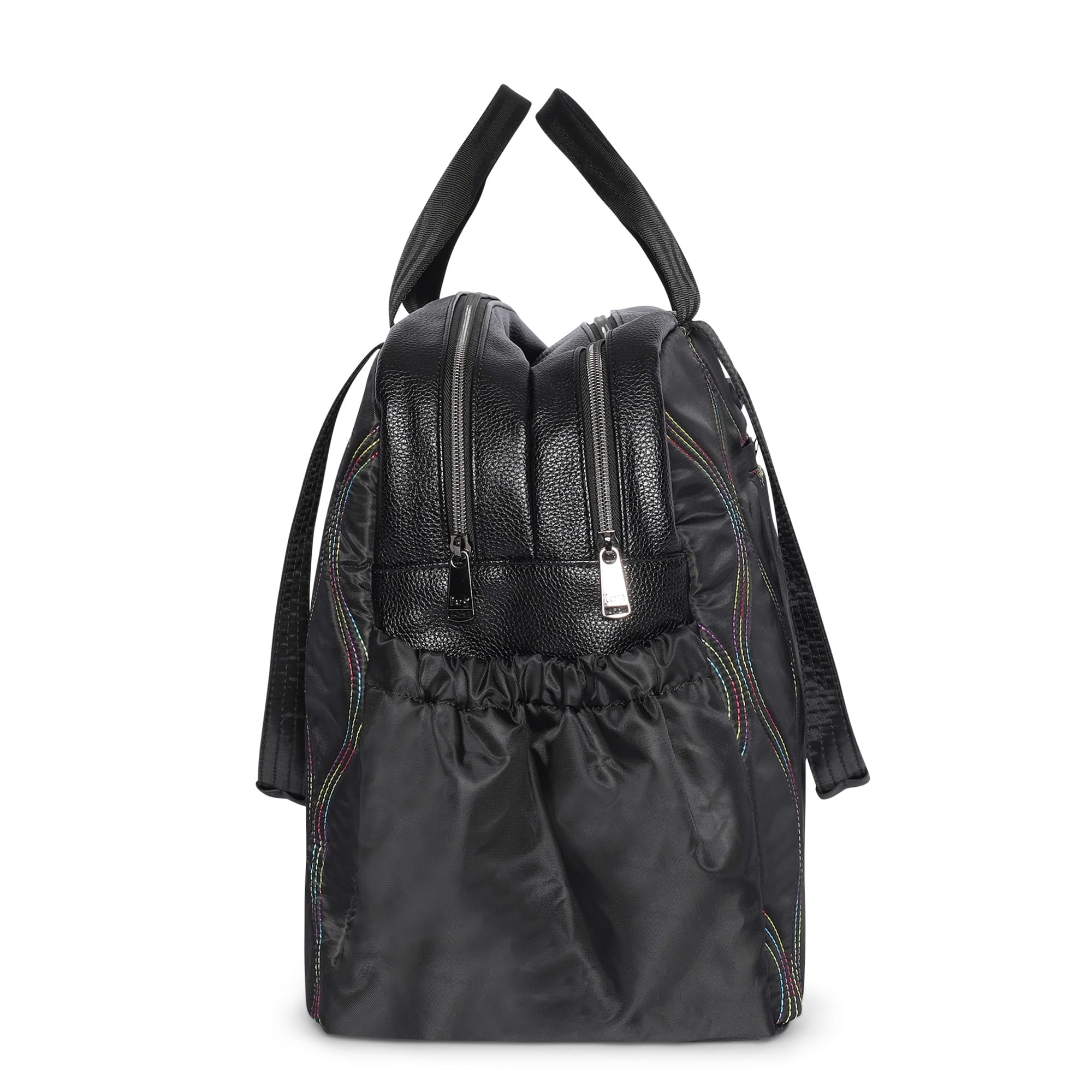 Black Lug Aviator Carry-All Tote Bag with rainbow stitch accents, showcasing spacious design and sturdy handles.