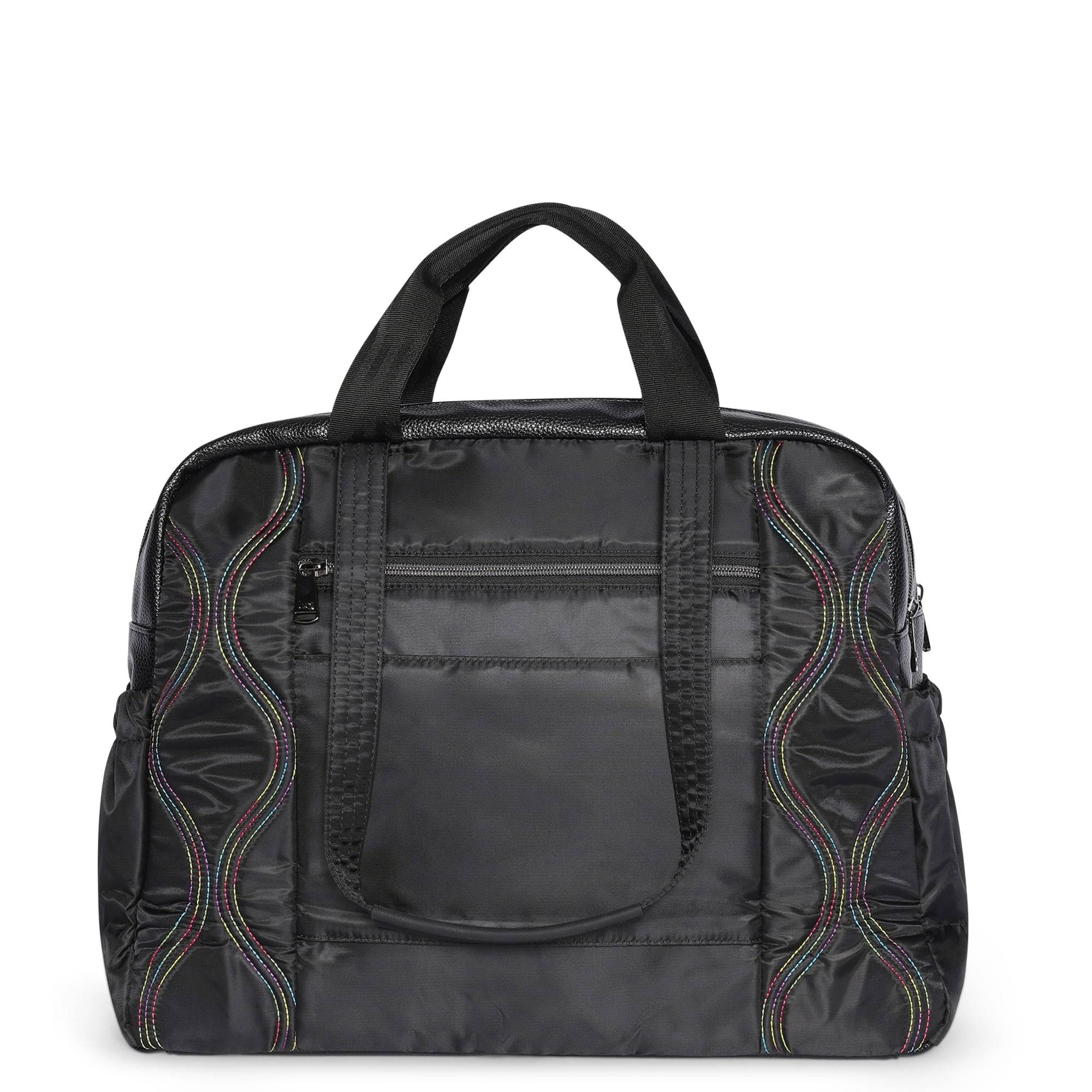 Black Lug Aviator Carry-All Tote Bag with rainbow stitch accents, spacious design, and sturdy handles for versatile carrying.