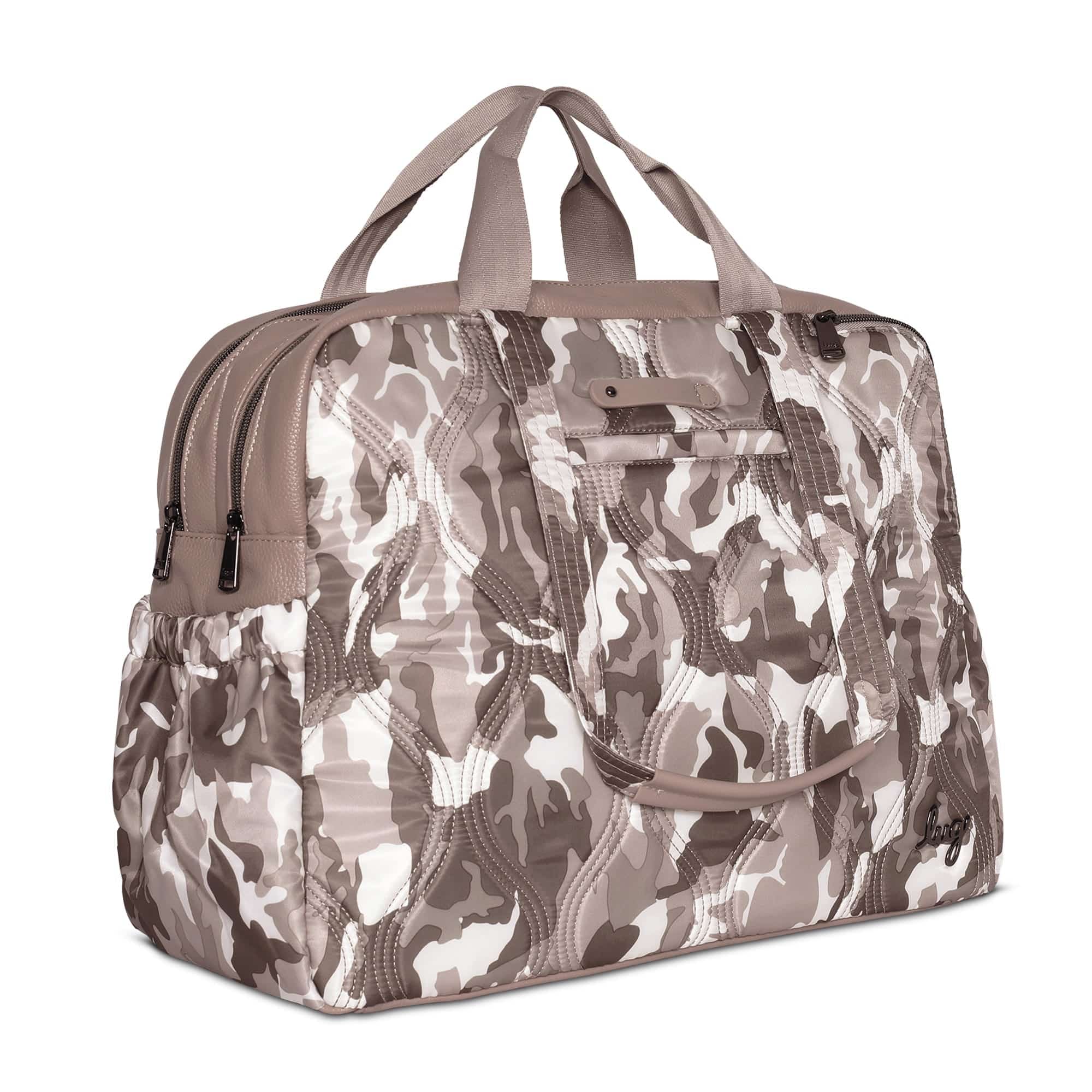 Lug Aviator Carry-All Tote Bag in camo taupe with multiple compartments and sturdy handles, designed for everyday use.