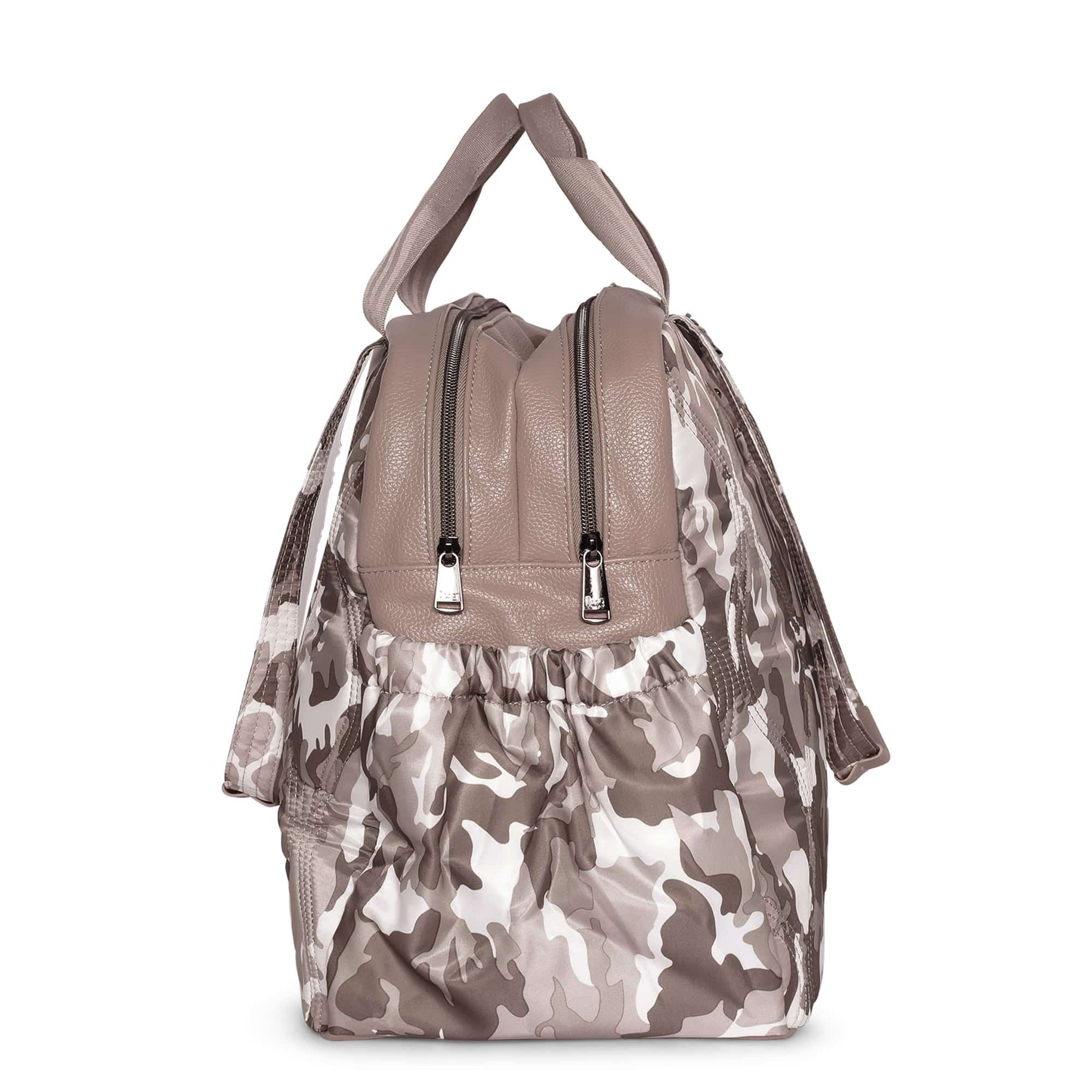 Lug Aviator Carry-All Tote Bag in taupe camouflage fabric with multiple compartments and sturdy handles.