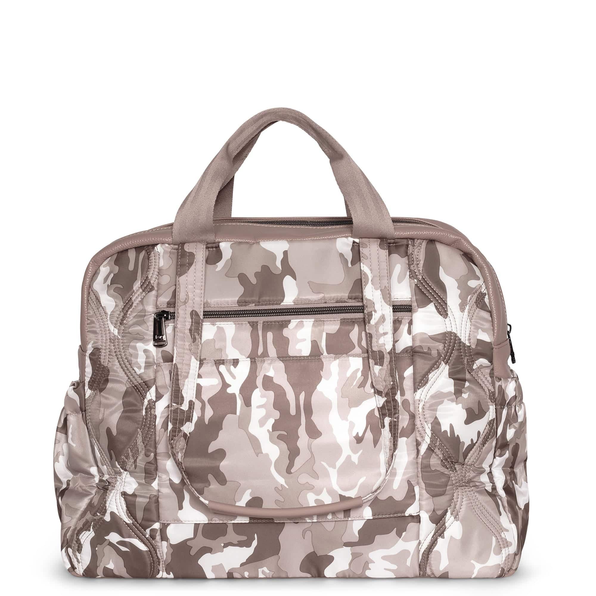 Lug Aviator Carry-All tote bag in camo taupe with multiple compartments and sturdy handles for versatile everyday use.