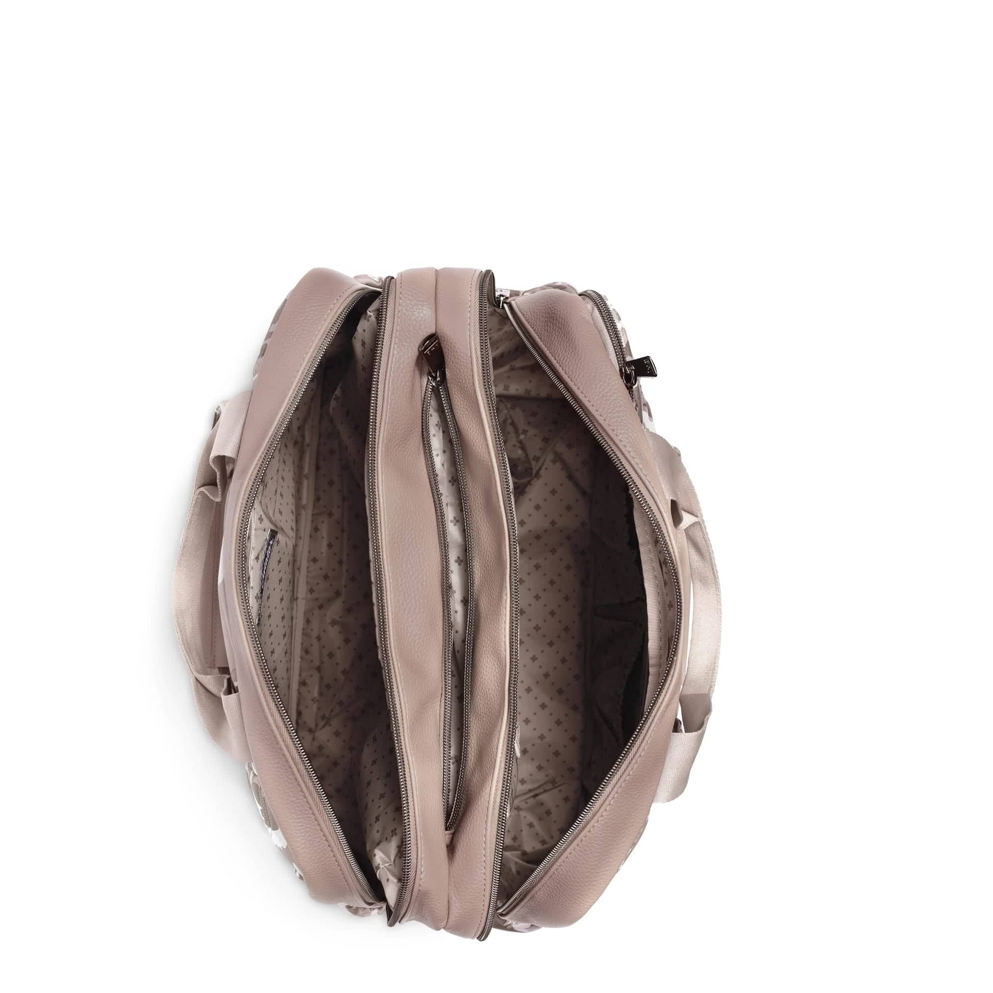 Lug Aviator Carry-All Tote Bag in camo taupe with multiple compartments and sturdy straps, designed for versatile daily use.
