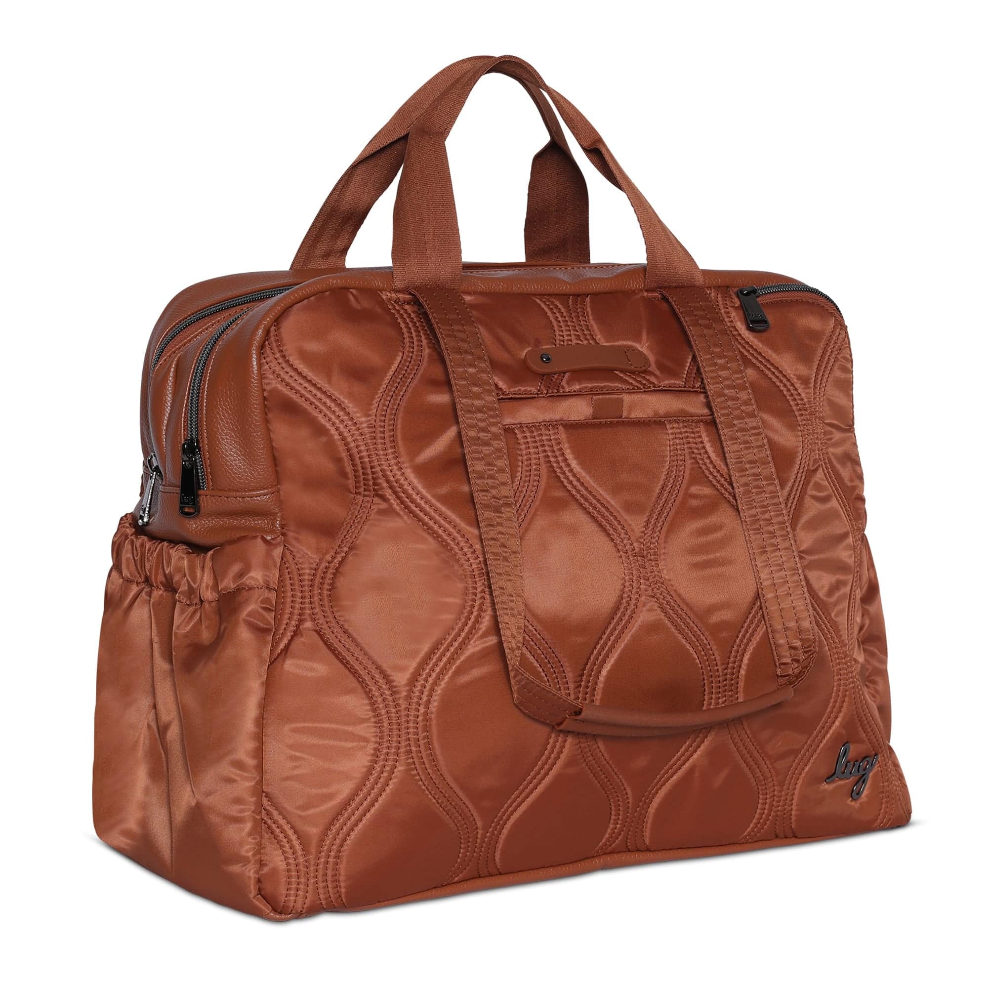 Lug Aviator Carry-All tote bag in copper brown leather with multiple compartments and sturdy handles for versatile everyday use.