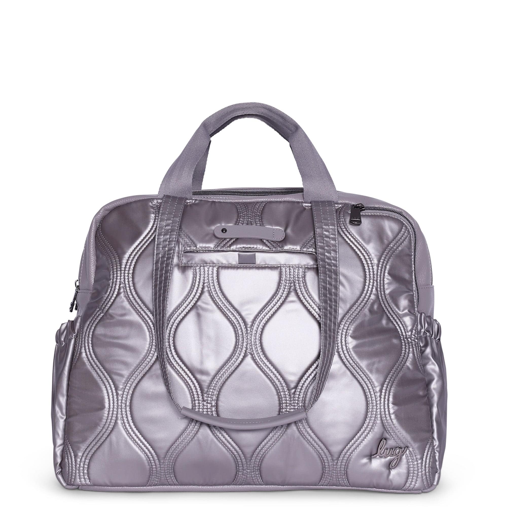 Lug Aviator Metallic Pearl tote bag with shiny finish, structured design, and dual top handles for stylish carrying.