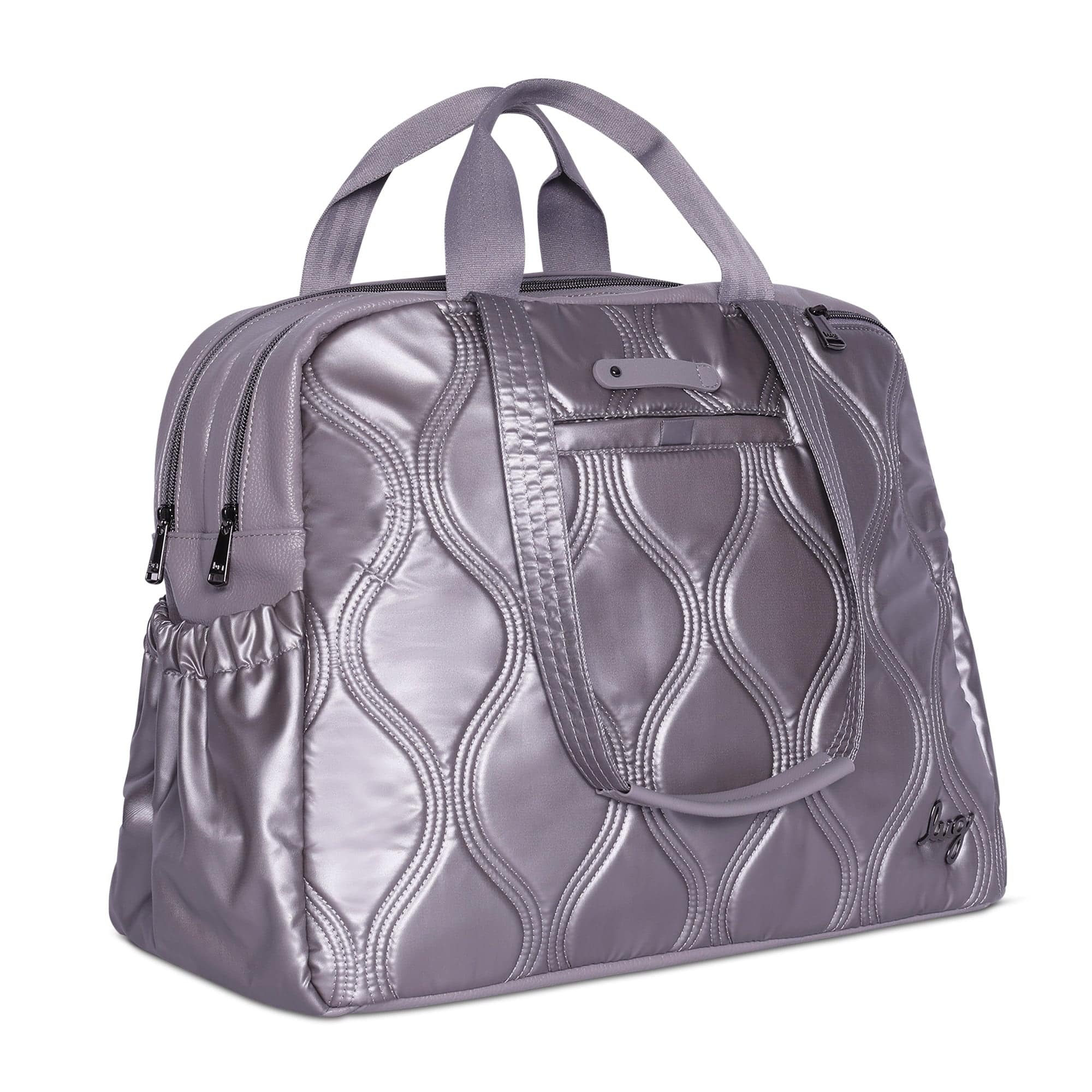 Lug Aviator Carry-All Tote Bag in metallic pearl finish, showing its spacious interior and sturdy tote handles.