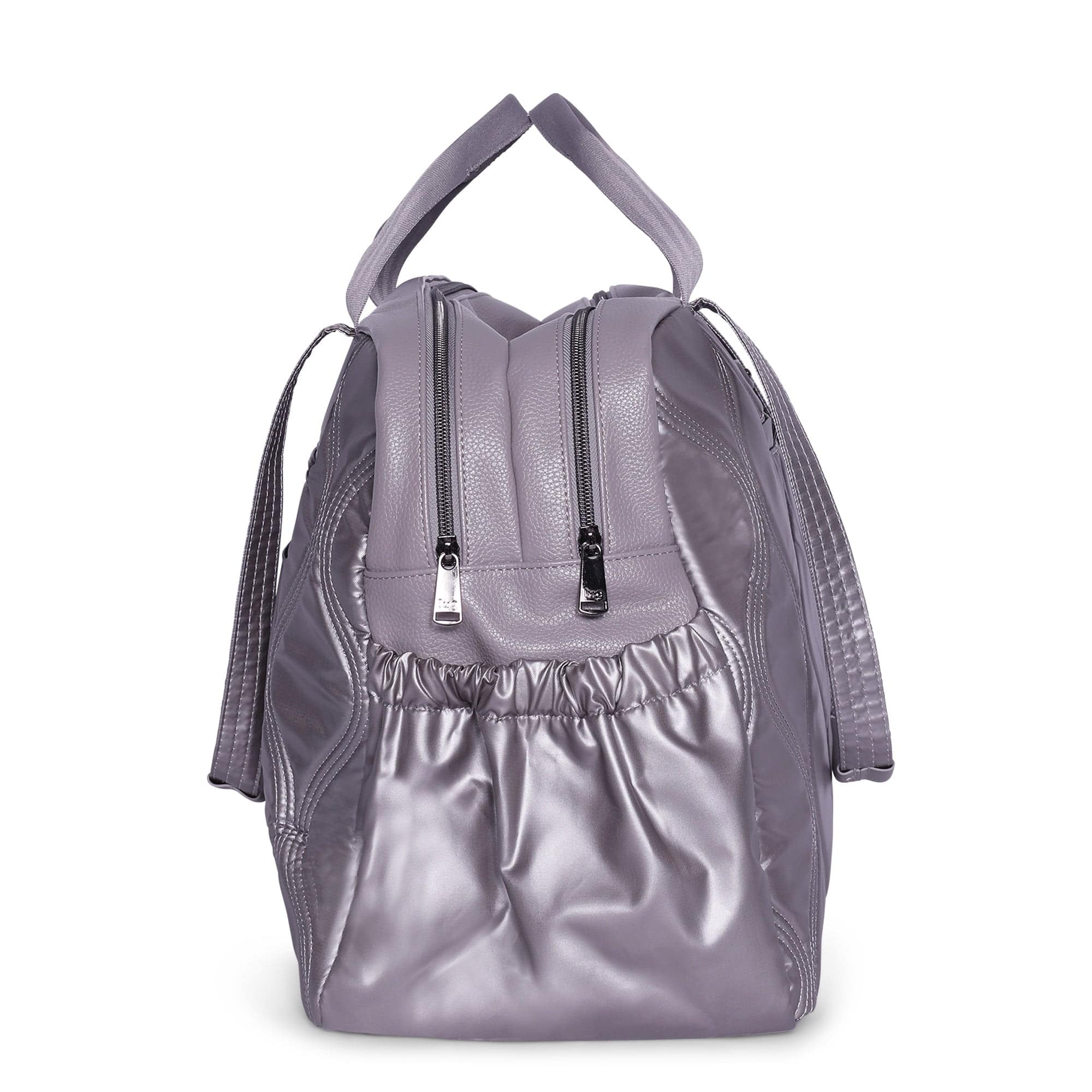 Lug Aviator metallic pearl tote bag with sturdy handles and spacious interior for carrying everyday essentials.