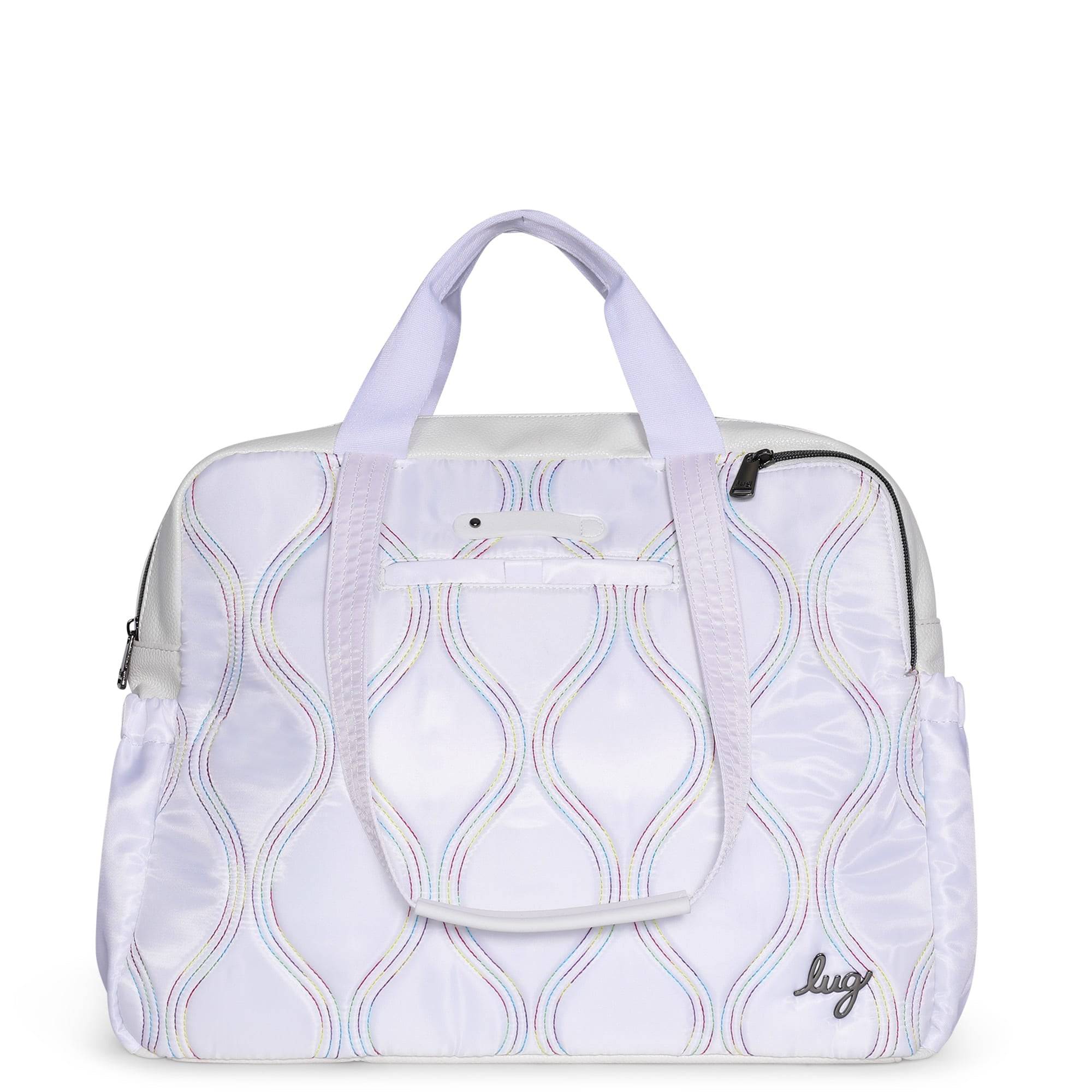 Lug Aviator Carry-All Tote Bag in white with rainbow stitching, spacious tote bag with sturdy handles and sleek design.