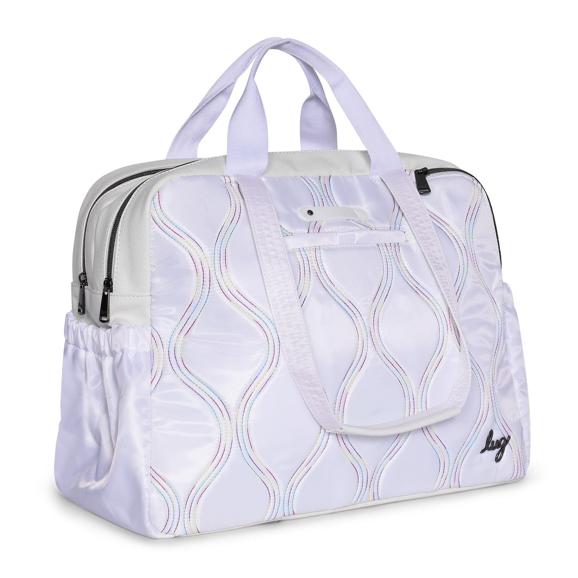 Lug Aviator Carry-All tote bag in white with rainbow stitch detailing, spacious design, and sturdy handles for versatile carrying.
