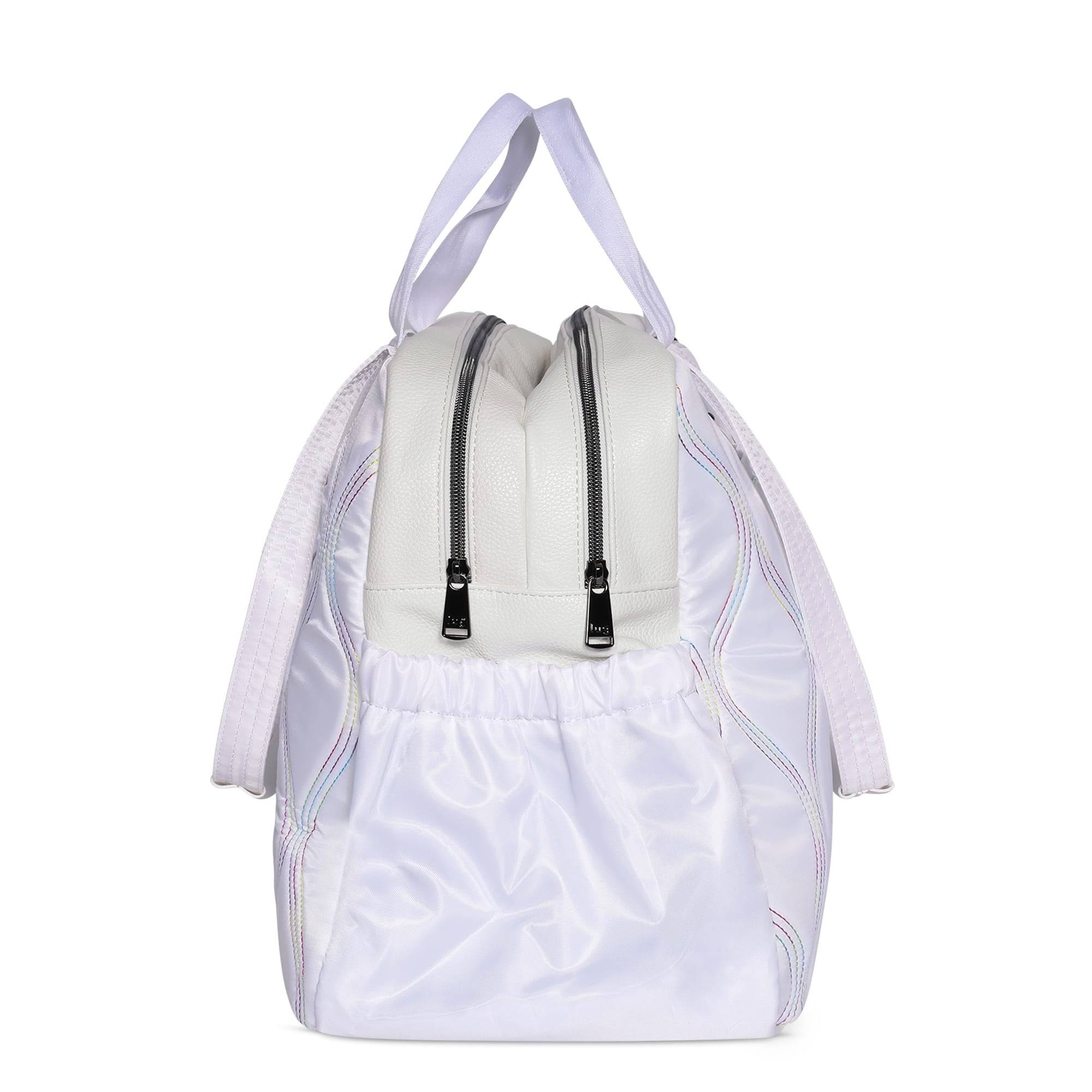 White tote bag with rainbow stitch accents, Aviator Carry-All Tote Bag by Lug, featuring spacious design and durable material.