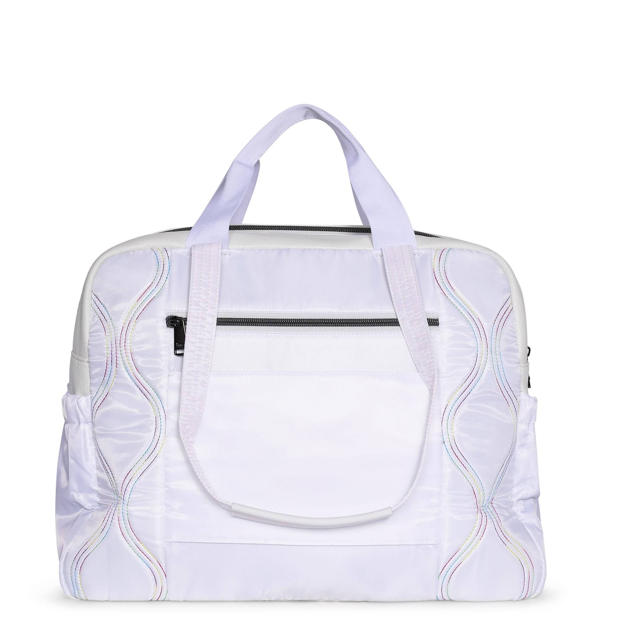 Lug Aviator Carry-All Tote Bag in white with rainbow stitching, showing spacious design and sturdy straps for versatile use.