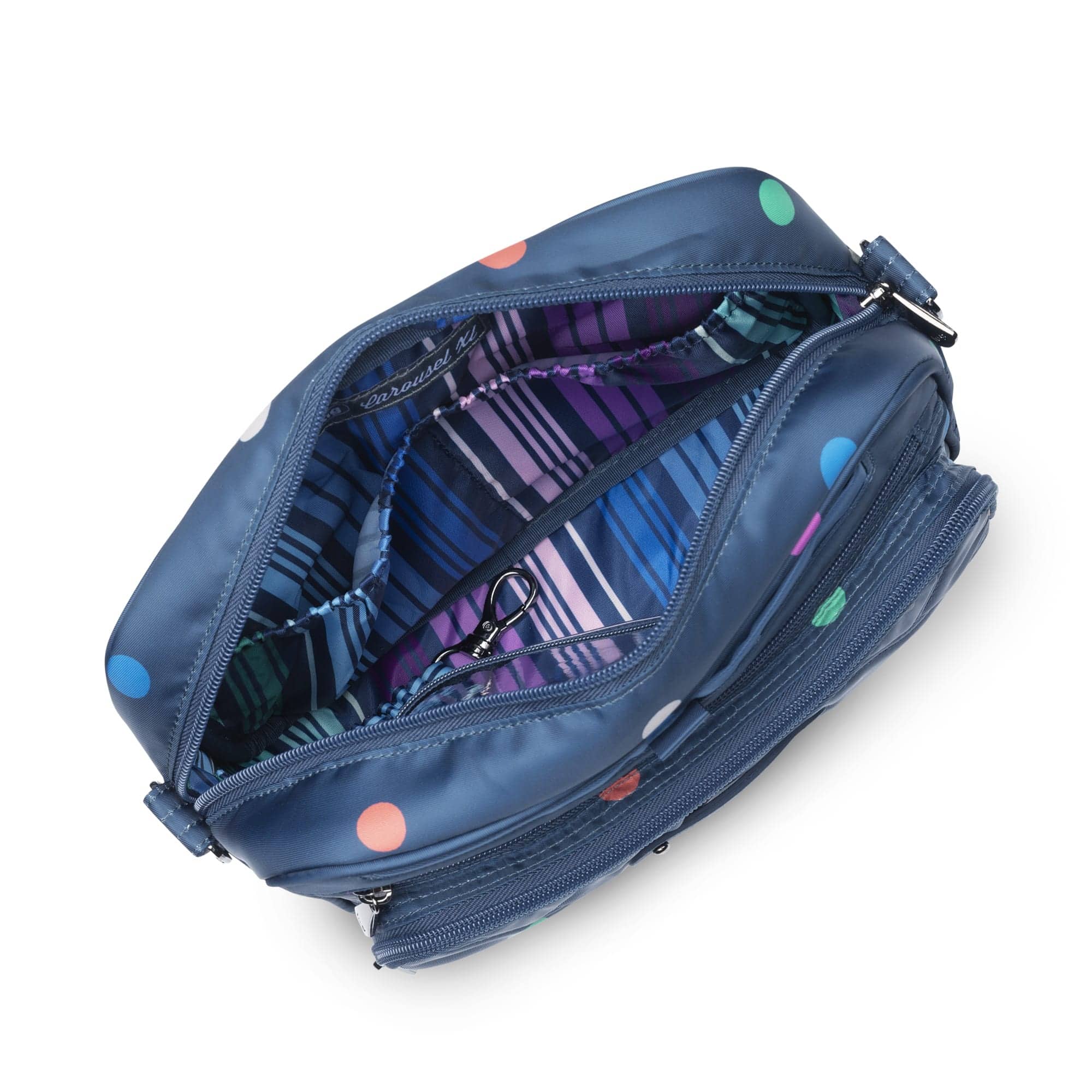 Carousel XL 2 Crossbody Bag - MULTI DOTS NAVY - CarouselXL2wCharmBar_BlueDot_05