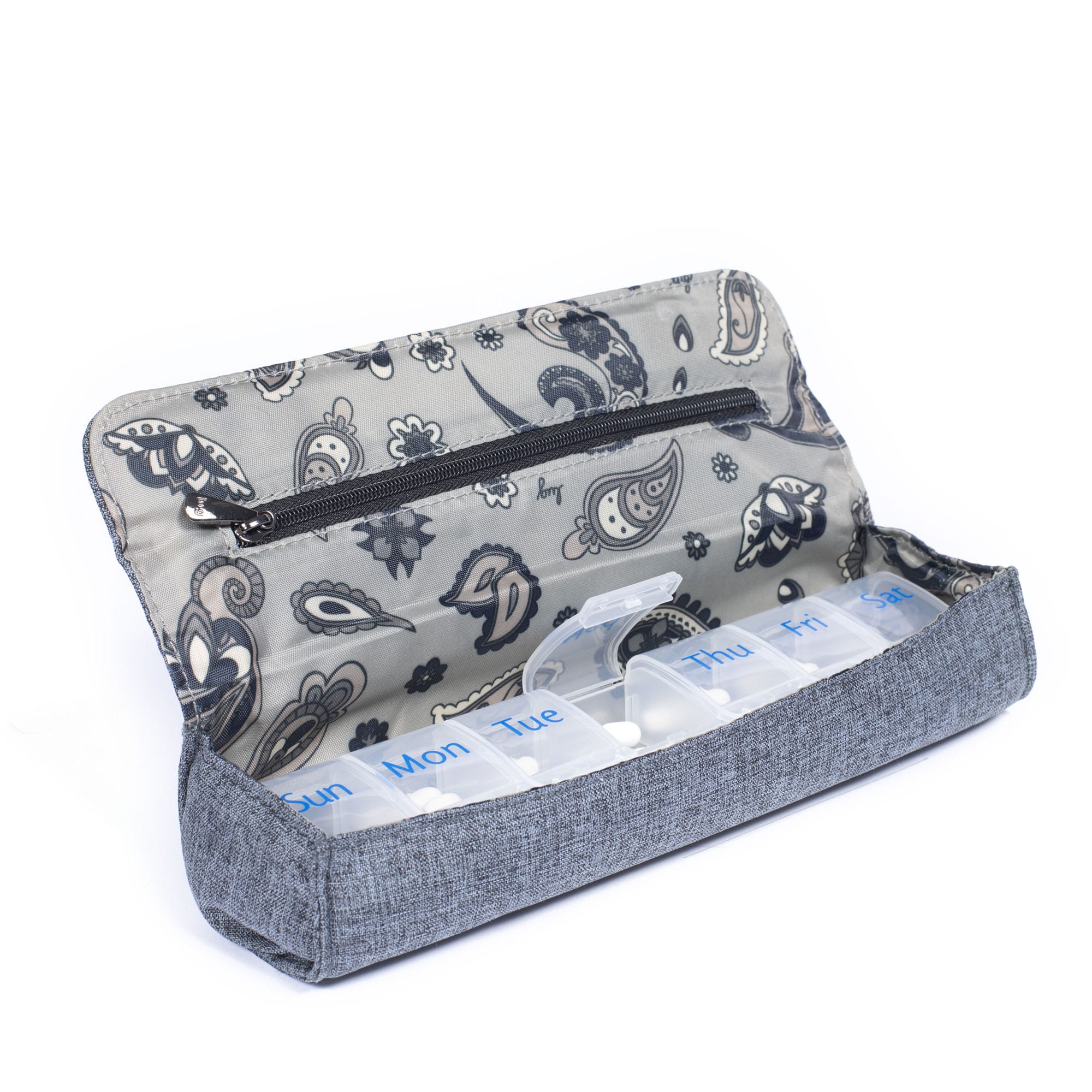Choo Choo Pill Organizer - HEATHER GREY - ChooChoo_HeatherGrey_-Paisley_Interior
