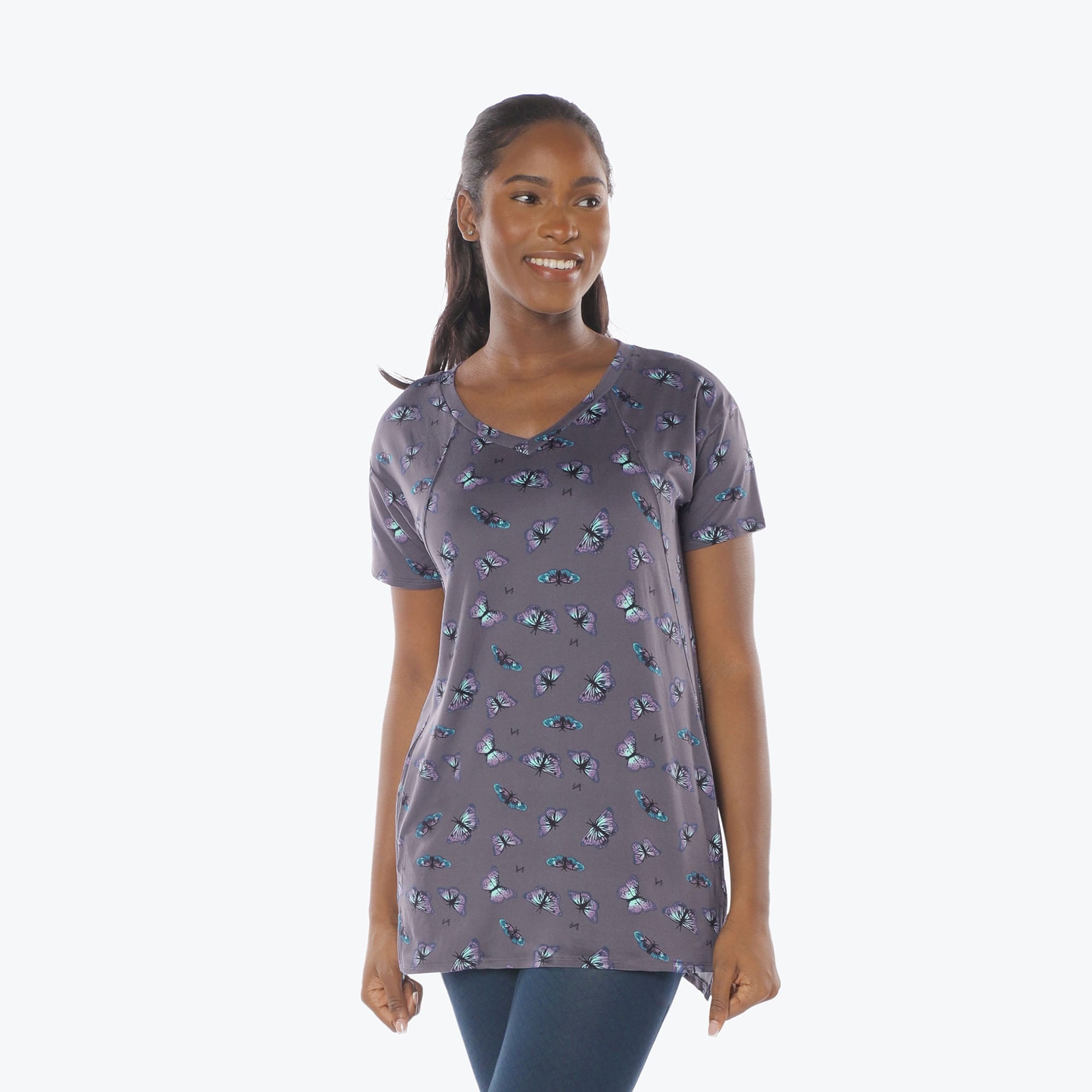Hopper High Low Tunic Top - BUTTERFLY GREY - Hopper_Butterfly_Grey_S_01