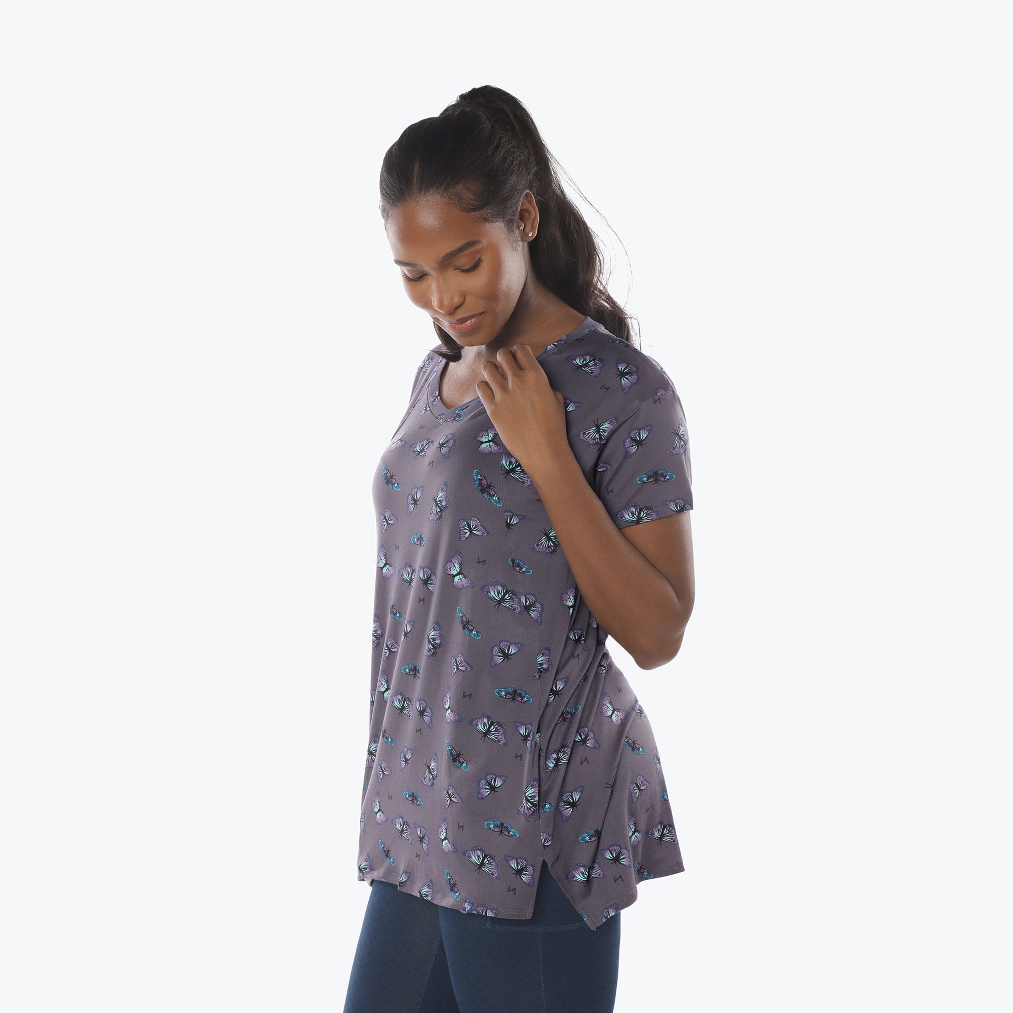 Hopper High Low Tunic Top - BUTTERFLY GREY - Hopper_Butterfly_Grey_S_03a