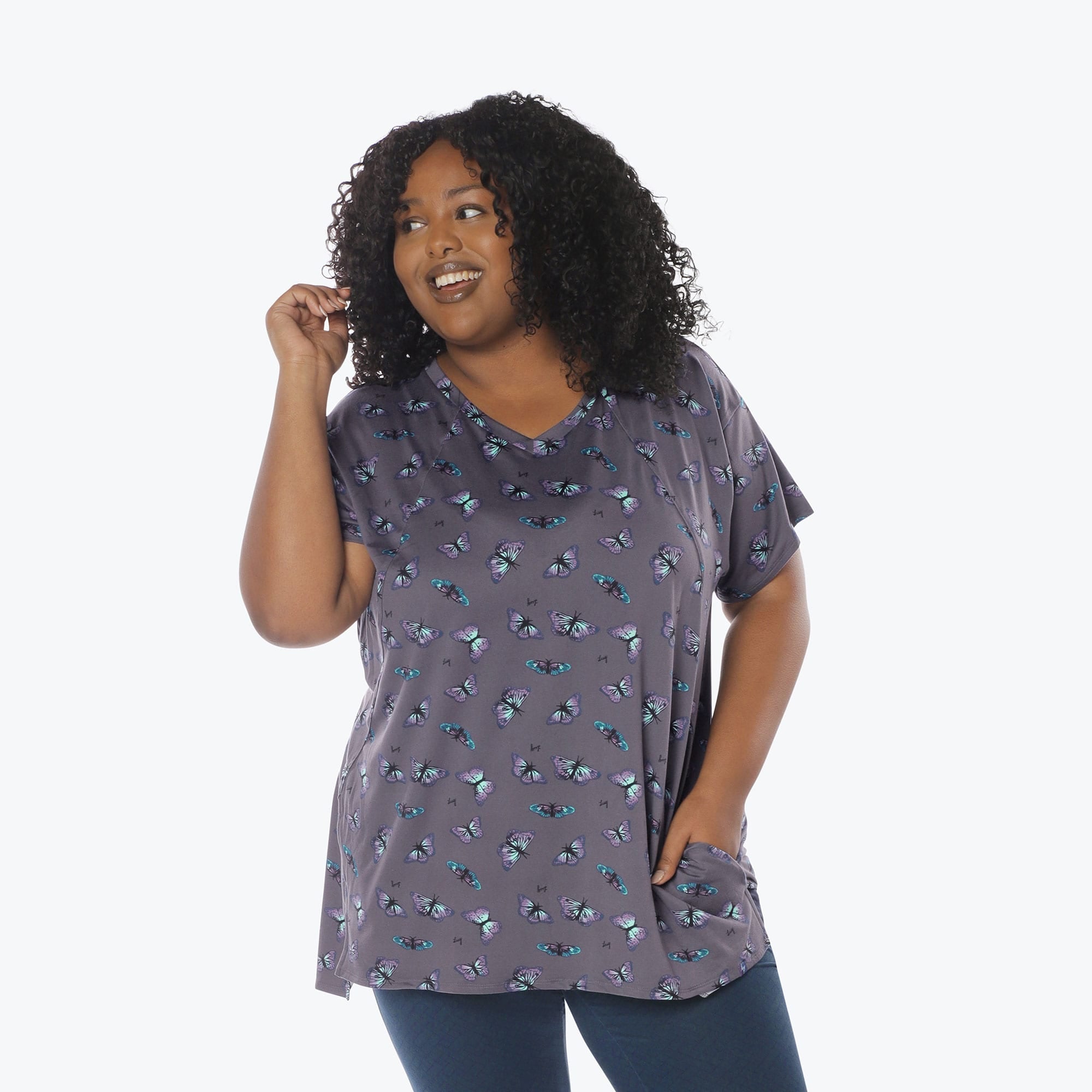 Hopper High Low Tunic Top - BUTTERFLY GREY - Hopper_Butterfly_Grey_XL_01