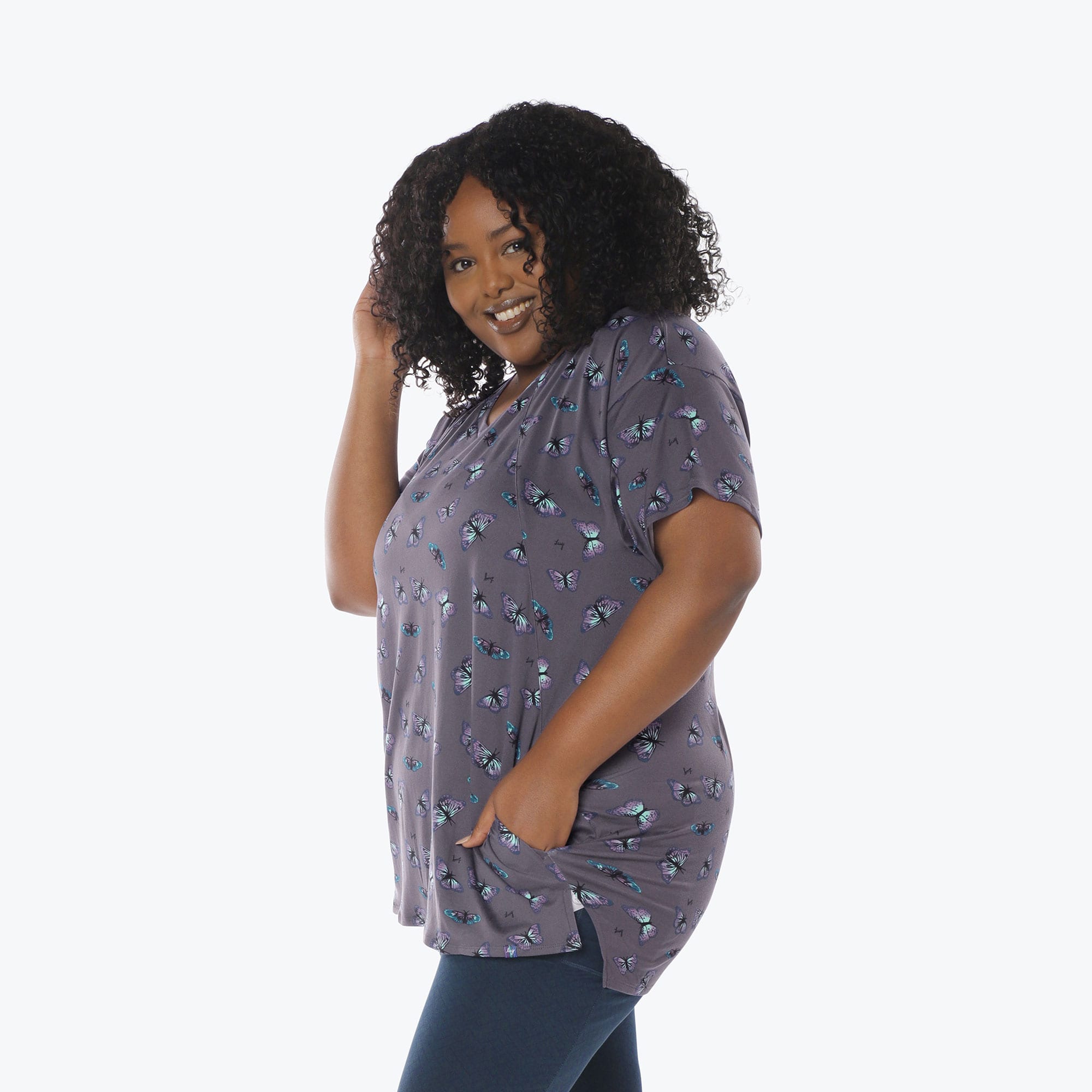 Hopper High Low Tunic Top - BUTTERFLY GREY - Hopper_Butterfly_Grey_XL_03_2572bff5-216a-4292-8a69-0156649b25c2