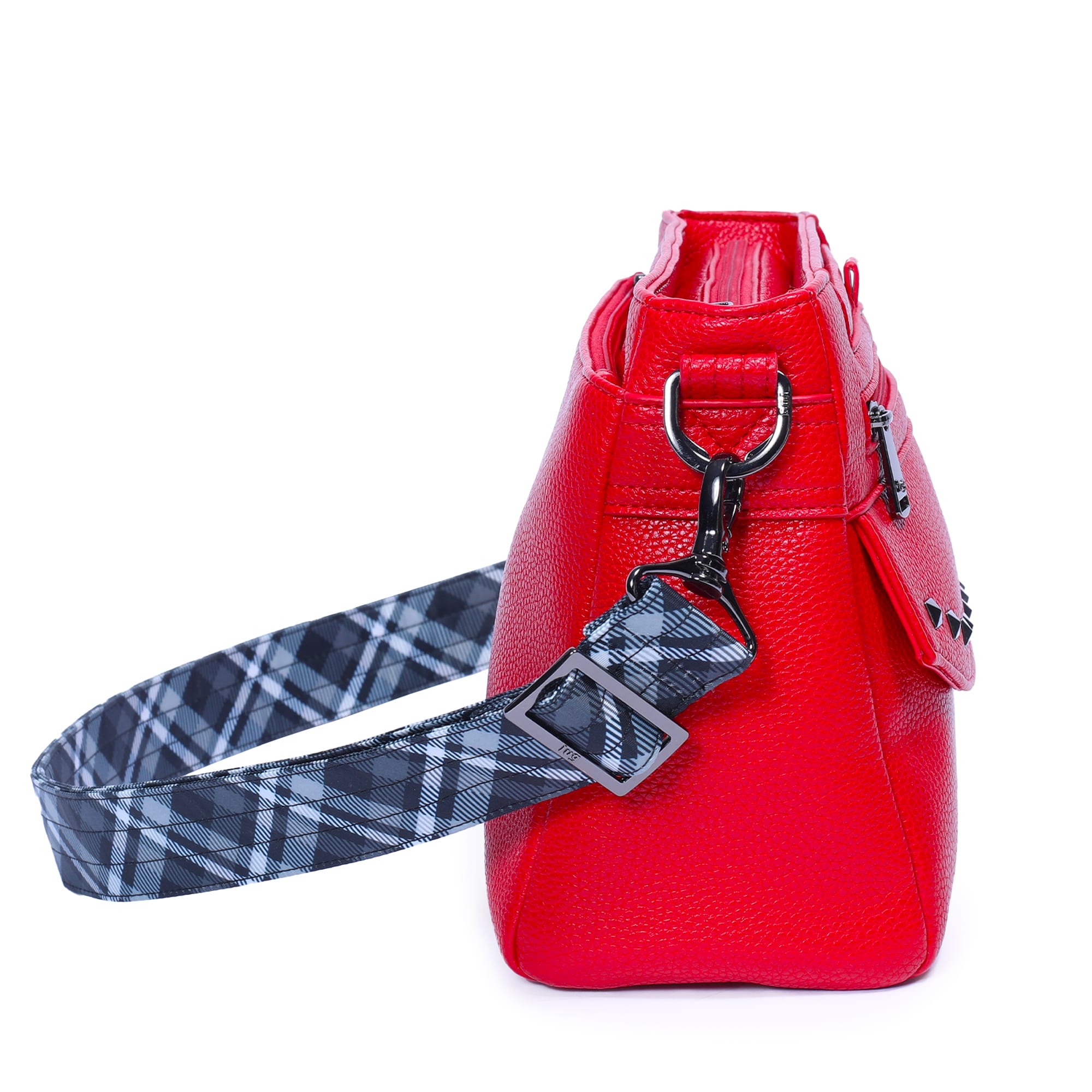 Pacer Classic VL Crossbody Bag - POPPY RED - PacerVL_PoppyRedPlaidGreyStrap_03