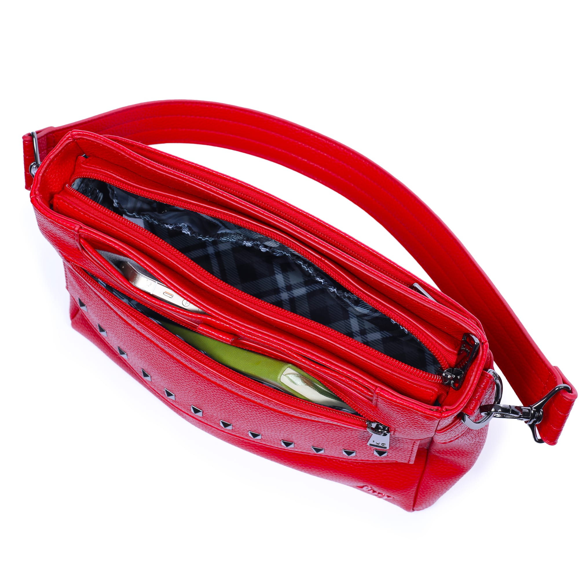 Pacer Classic VL Crossbody Bag - POPPY RED - PacerVL_PoppyRedPlaidGreyStrap_05a