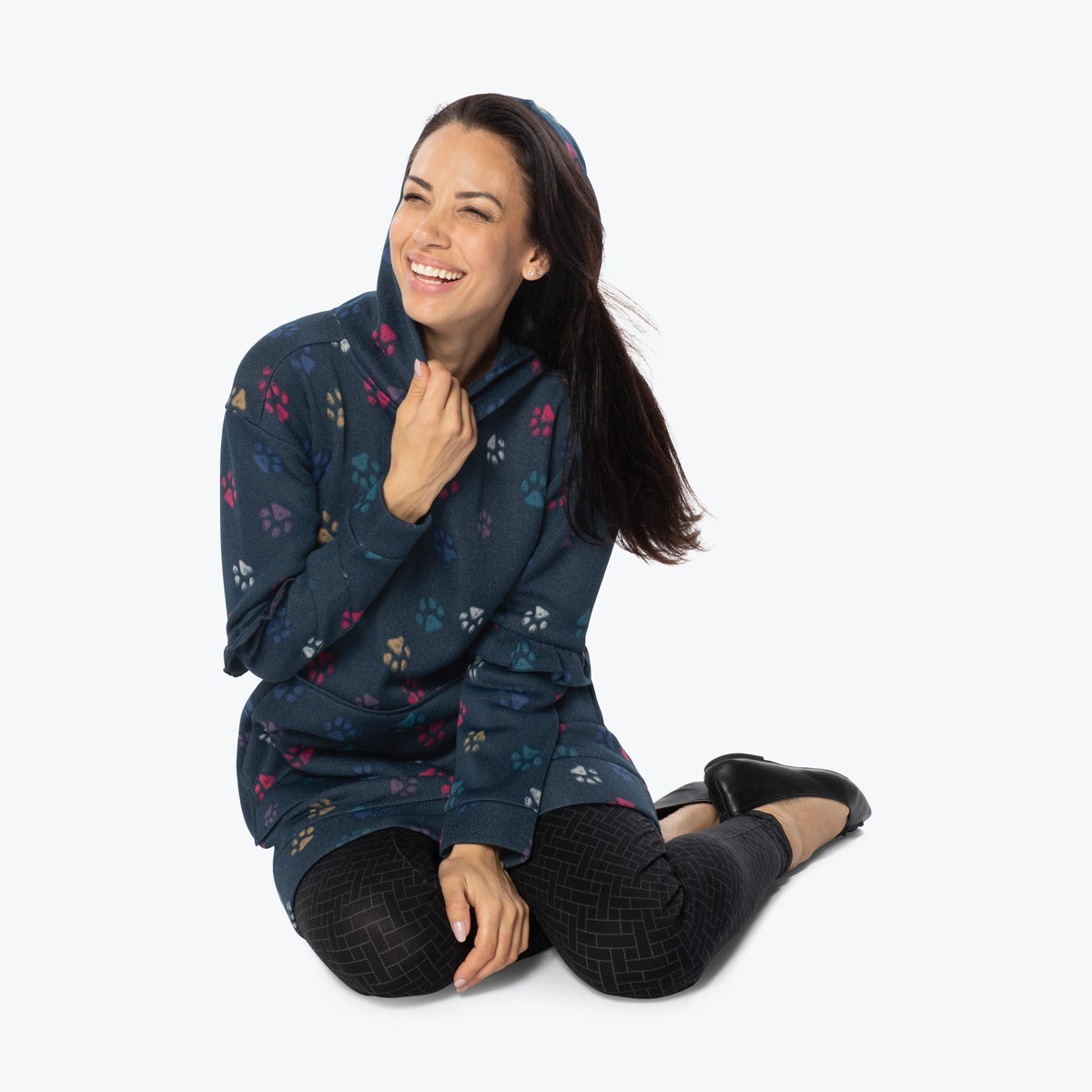 Peekaboo Sweater Fleece Tunic Hoodie - PAWS NAVY - PeekabooSweaterFleece_PawsNavy_S_01c