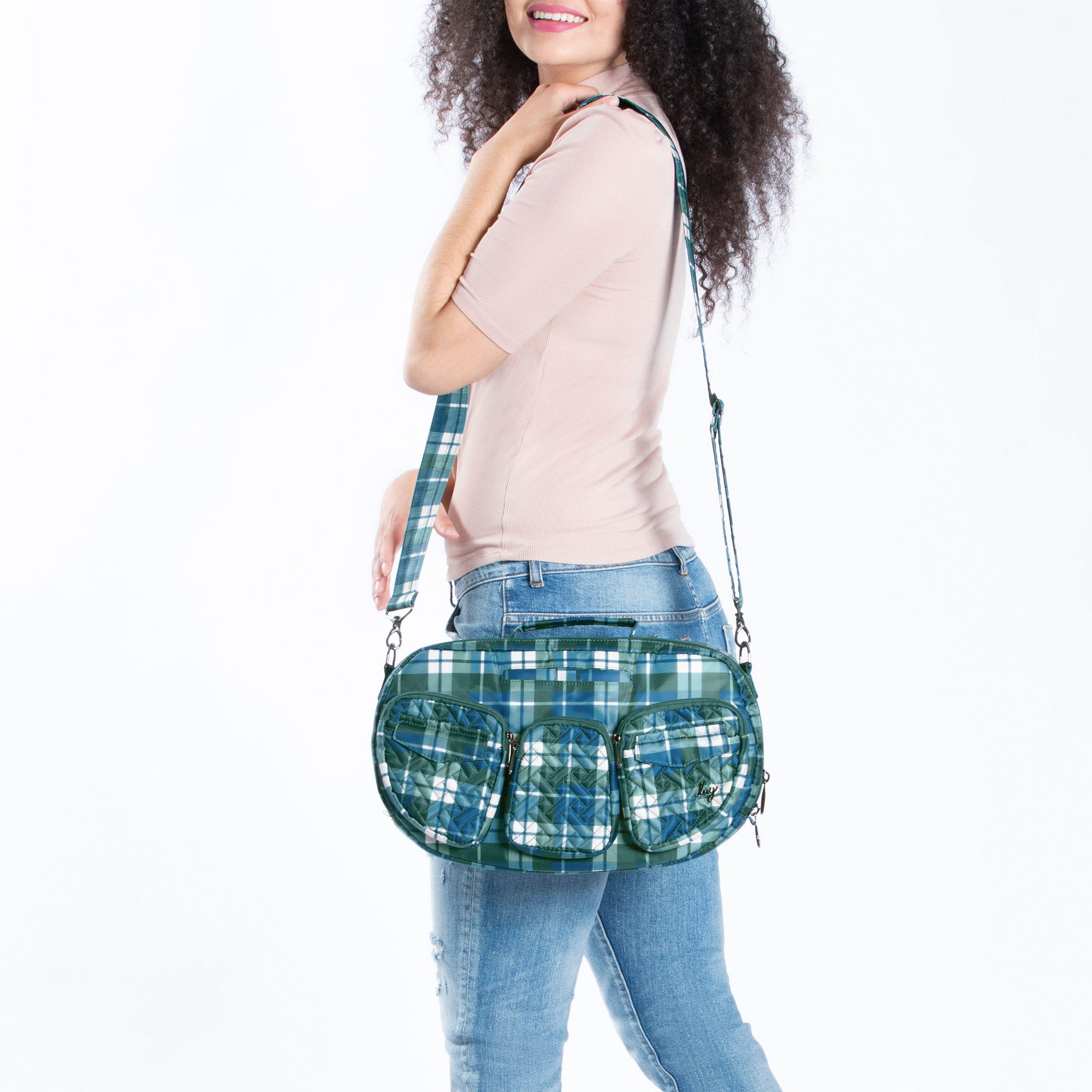 Railcar Crossbody Bag - FLANNEL PLAID NAVY - Railcar_FlannelPlaidNavy_Model