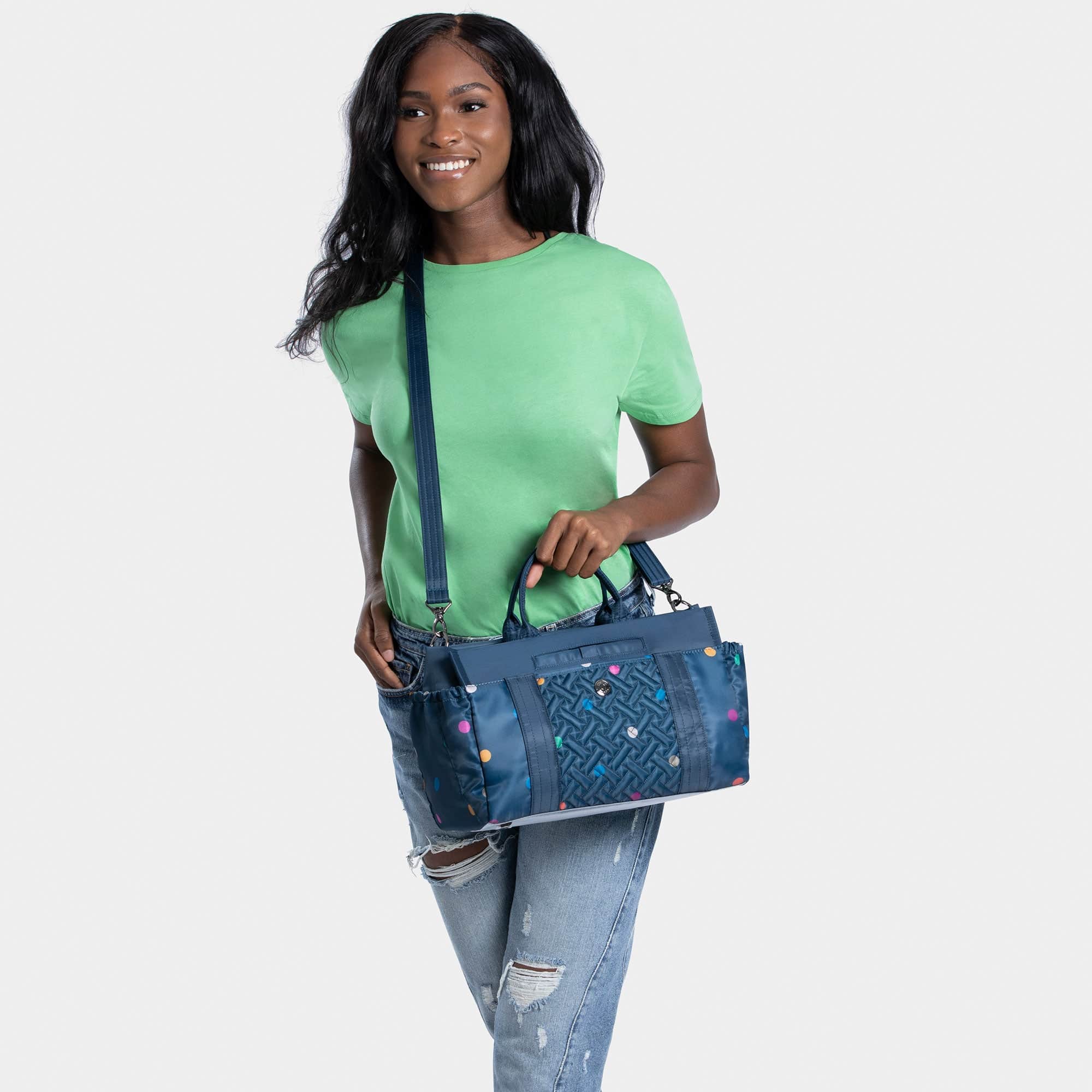 Romper 2 Tote - MULTI DOTS NAVY - Romper-2_BlueDot_Model_01