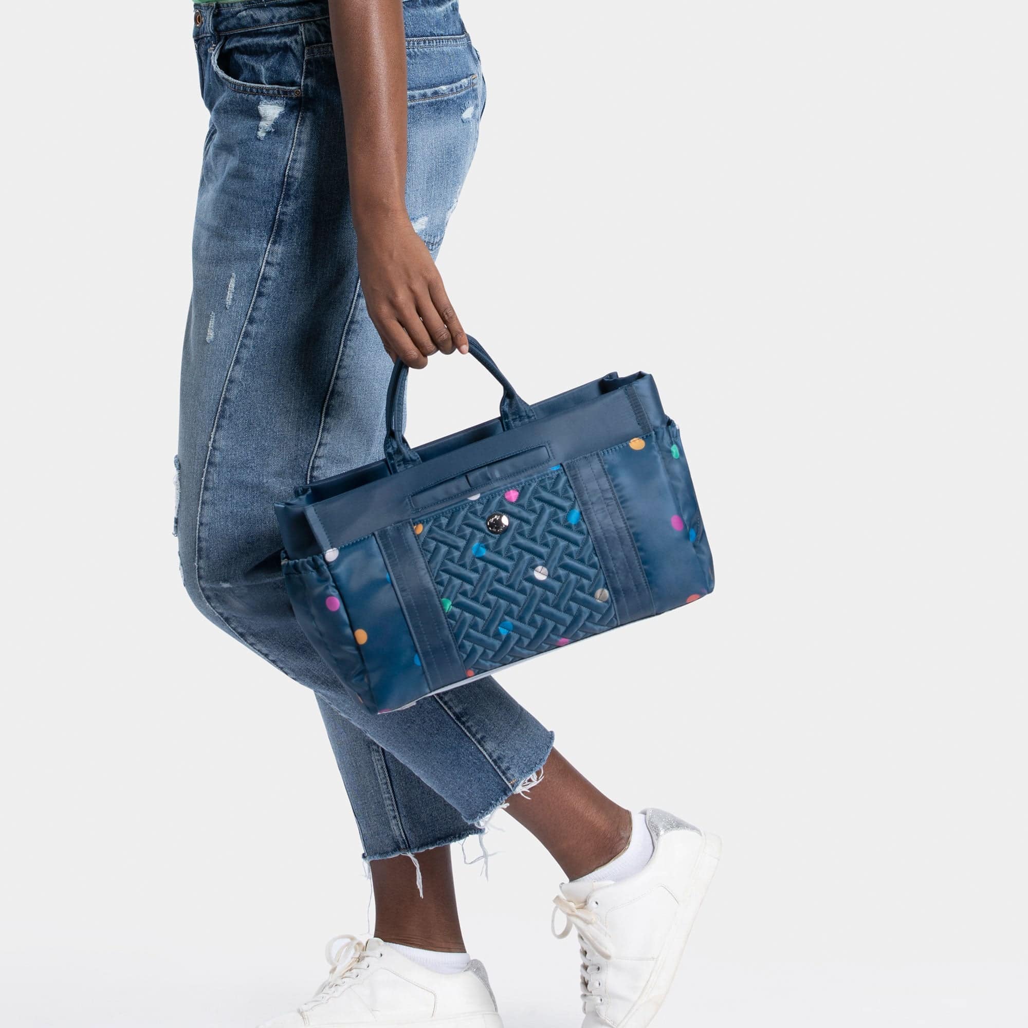 Romper 2 Tote - MULTI DOTS NAVY - Romper-2_BlueDot_Model_02