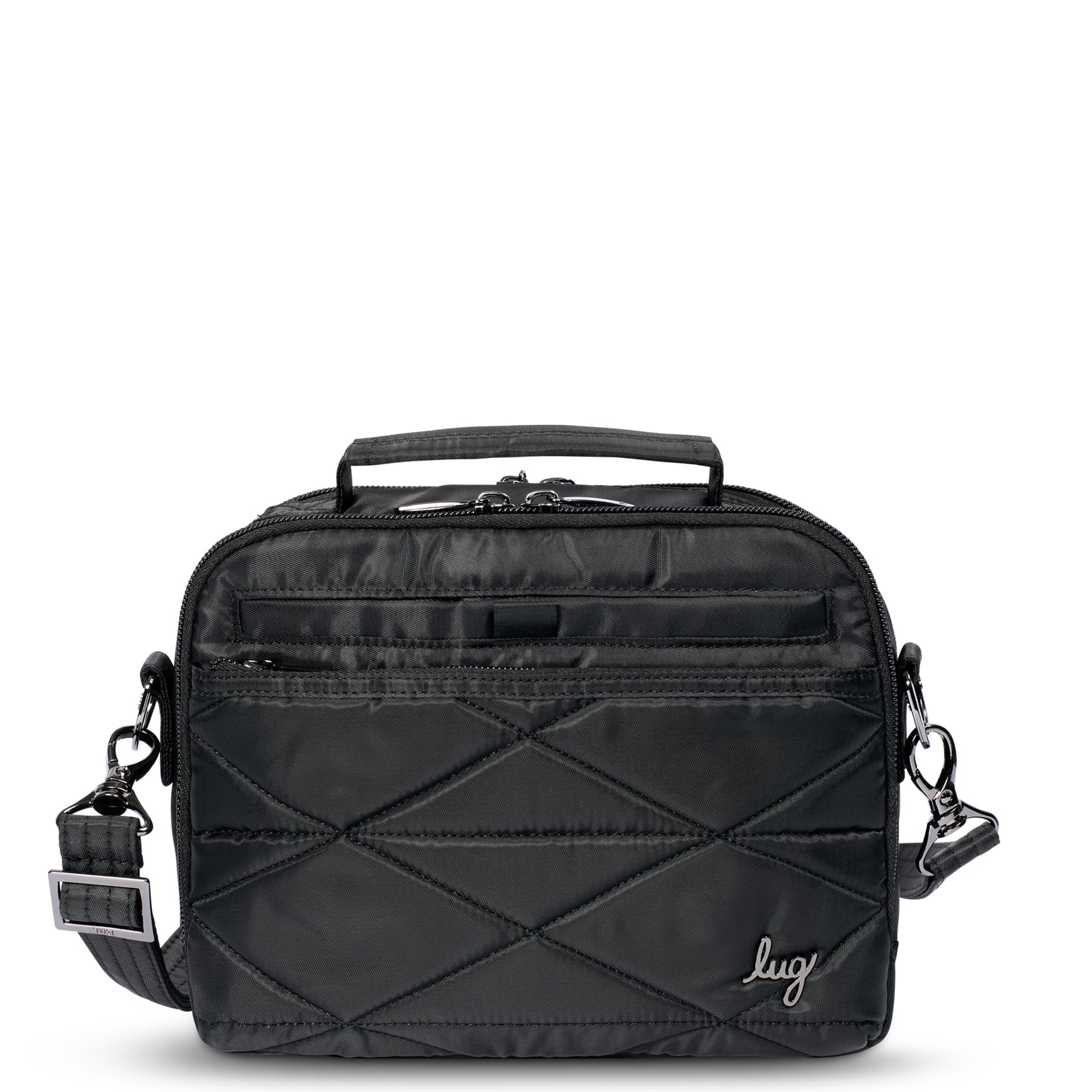 Black Lug Roundabout XL convertible crossbody wallet showing multiple compartments and adjustable strap.