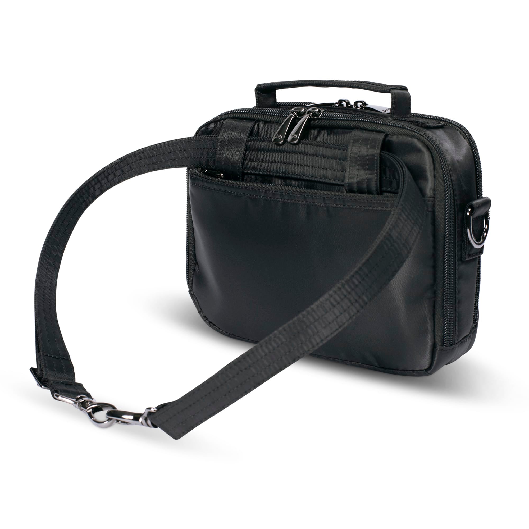 Black Lug Roundabout XL convertible crossbody wallet with multiple compartments and adjustable strap.