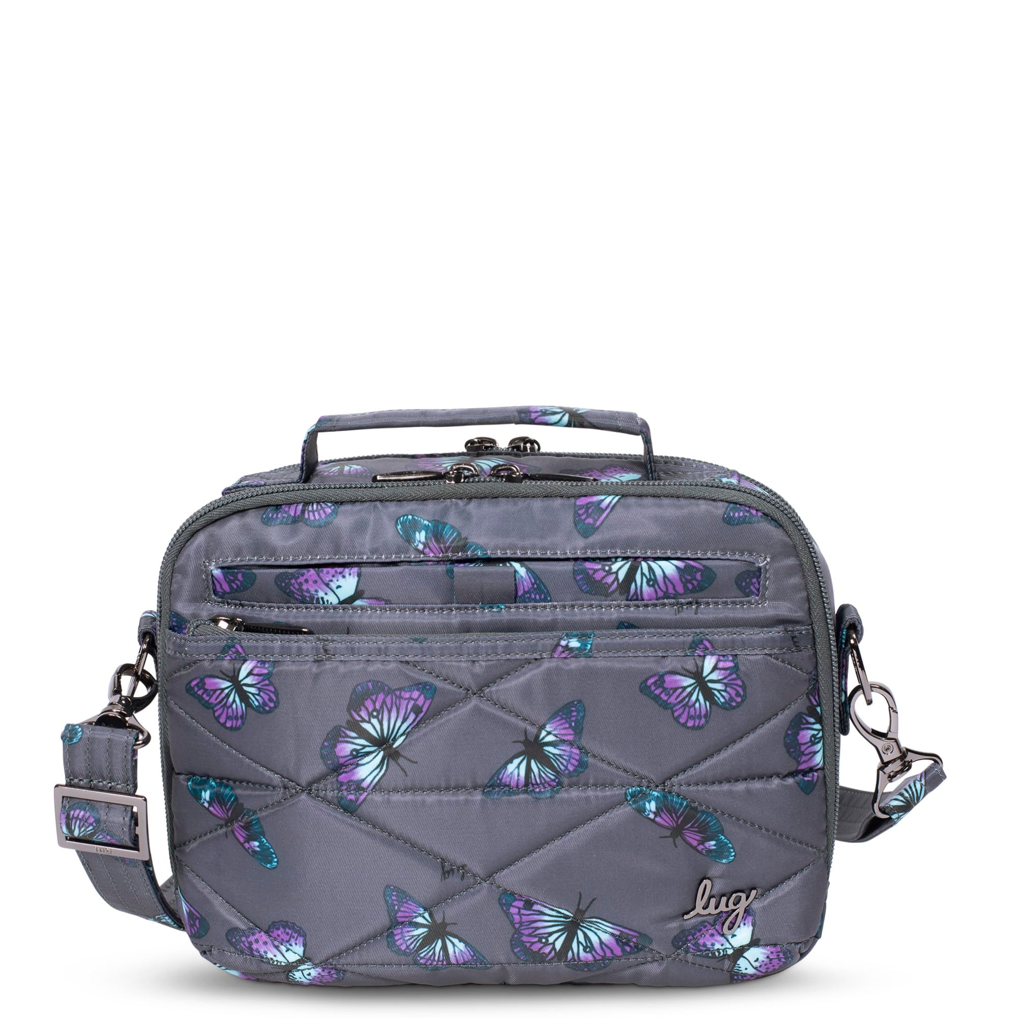 Grey Roundabout XL Convertible Wallet Crossbody bag by Lug, showing the butterfly design and adjustable strap.