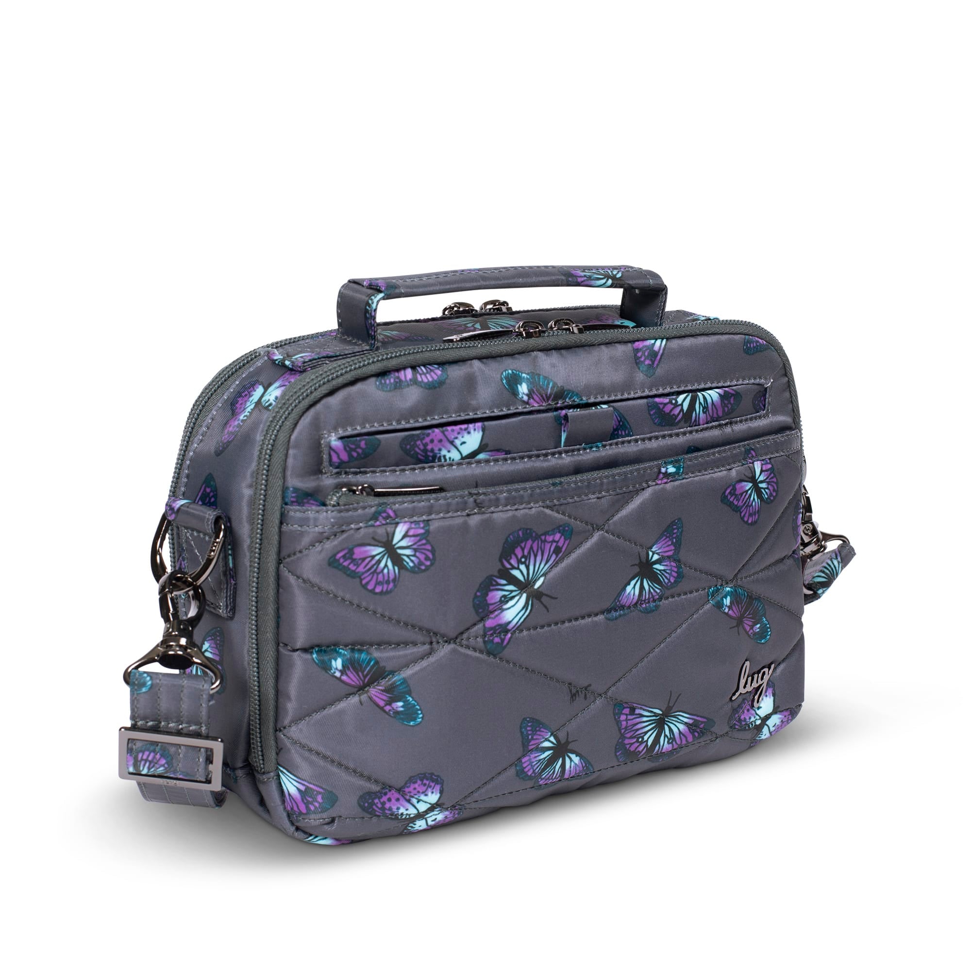 Grey Roundabout XL Convertible Wallet Crossbody bag by Lug, showing the butterfly design and adjustable strap.