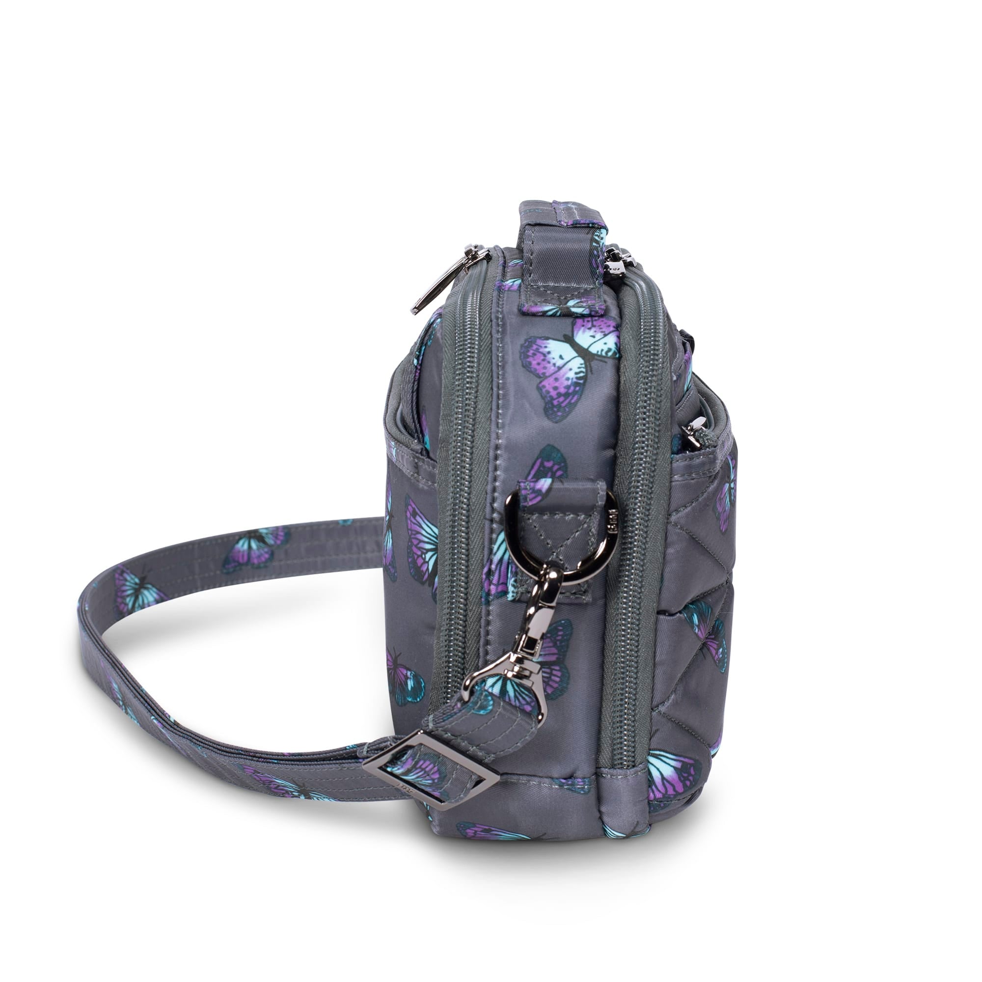 Grey Roundabout XL Convertible Wallet Crossbody bag by Lug with butterfly design, featuring multiple compartments and adjustable strap.
