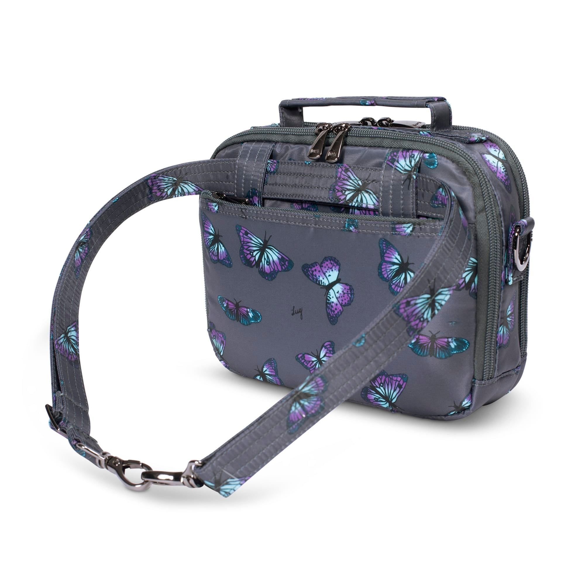Grey Roundabout XL Convertible Wallet Crossbody bag by Lug with butterfly design and adjustable strap.