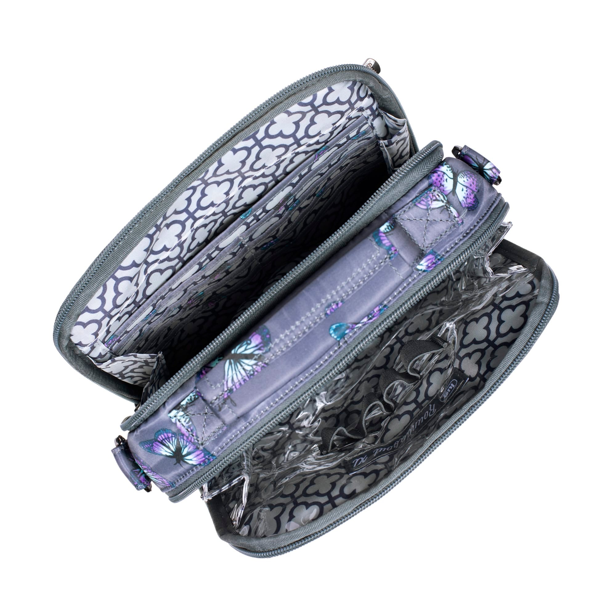 Lug Roundabout XL convertible wallet crossbody bag in grey leather with butterfly design and adjustable strap.