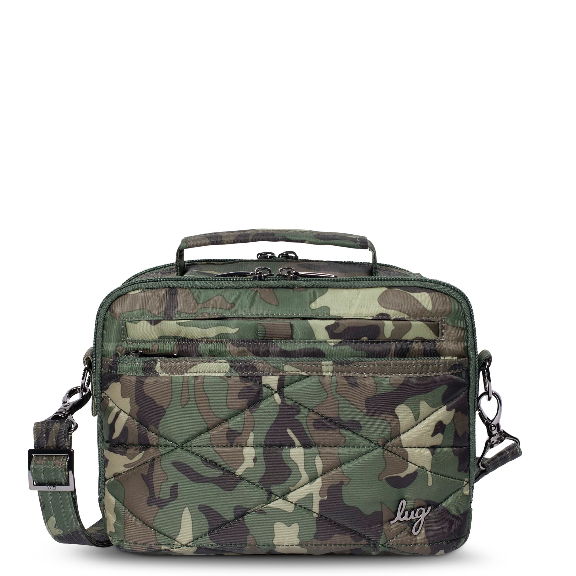 Lug Roundabout XL Convertible Crossbody Wallet in green camouflage fabric with multiple compartments and adjustable strap.