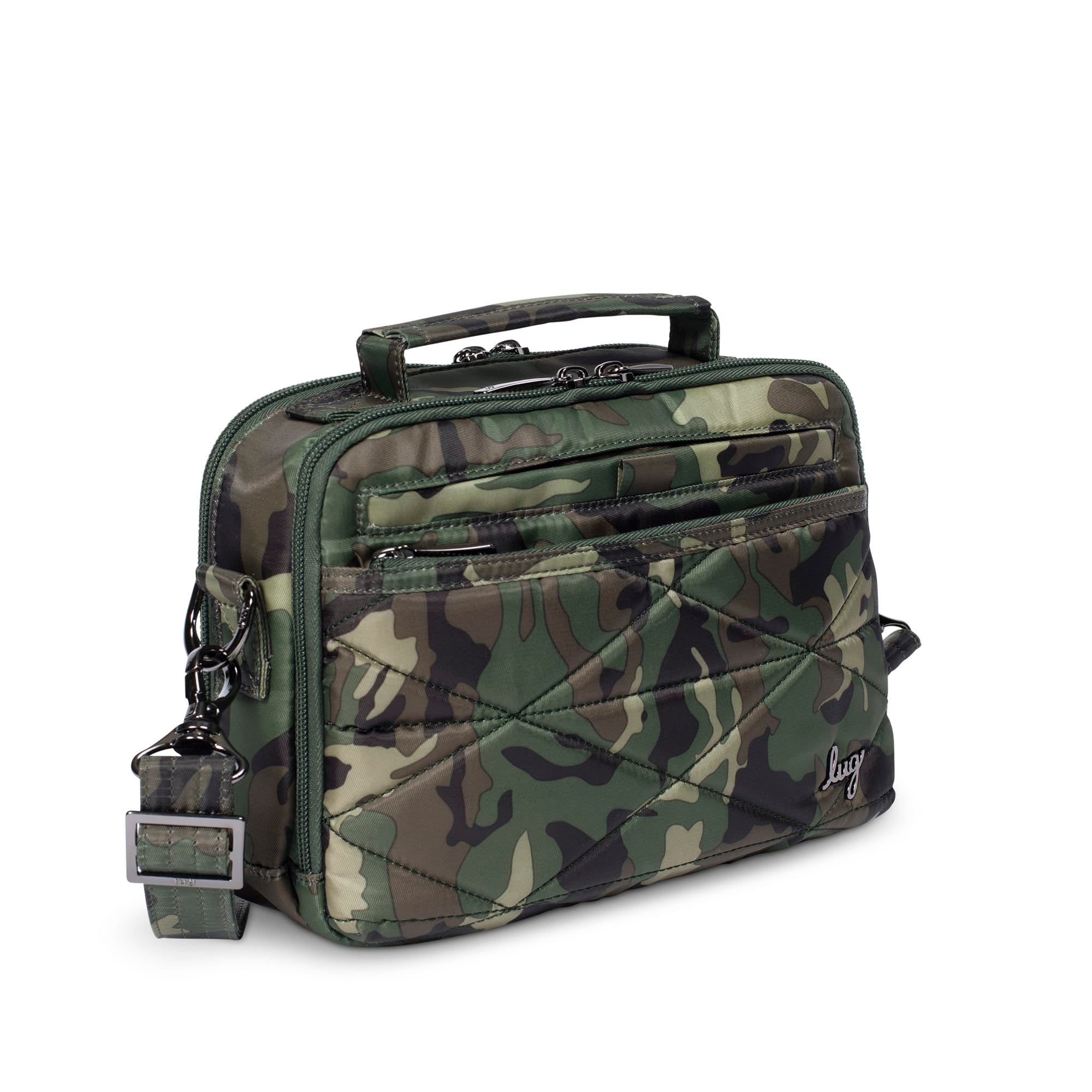 Lug Roundabout XL Convertible Crossbody Wallet in camo green with multiple compartments and adjustable strap.