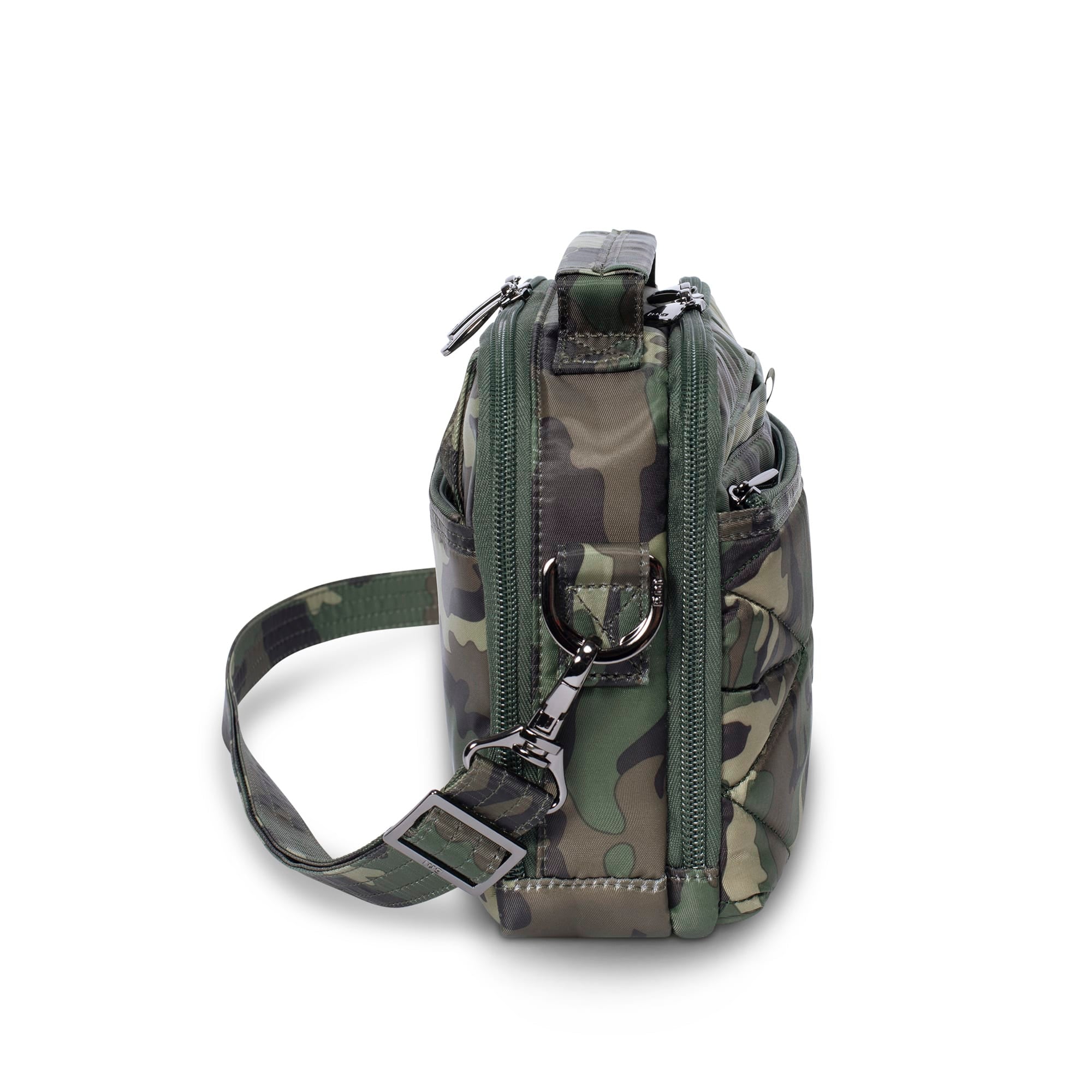 Lug Roundabout XL convertible wallet crossbody bag in camo green with multiple compartments and adjustable strap.