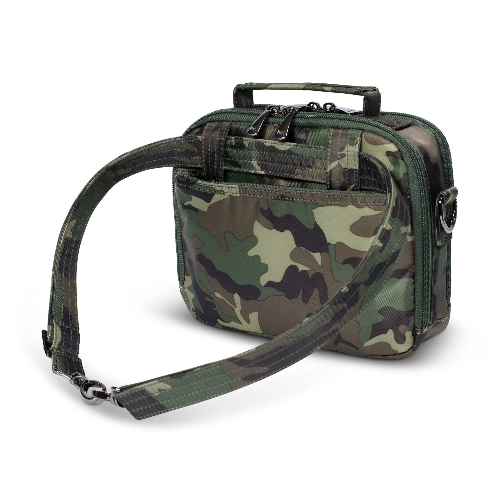Lug Roundabout XL Convertible Wallet Crossbody in camo green with multiple compartments and adjustable strap.