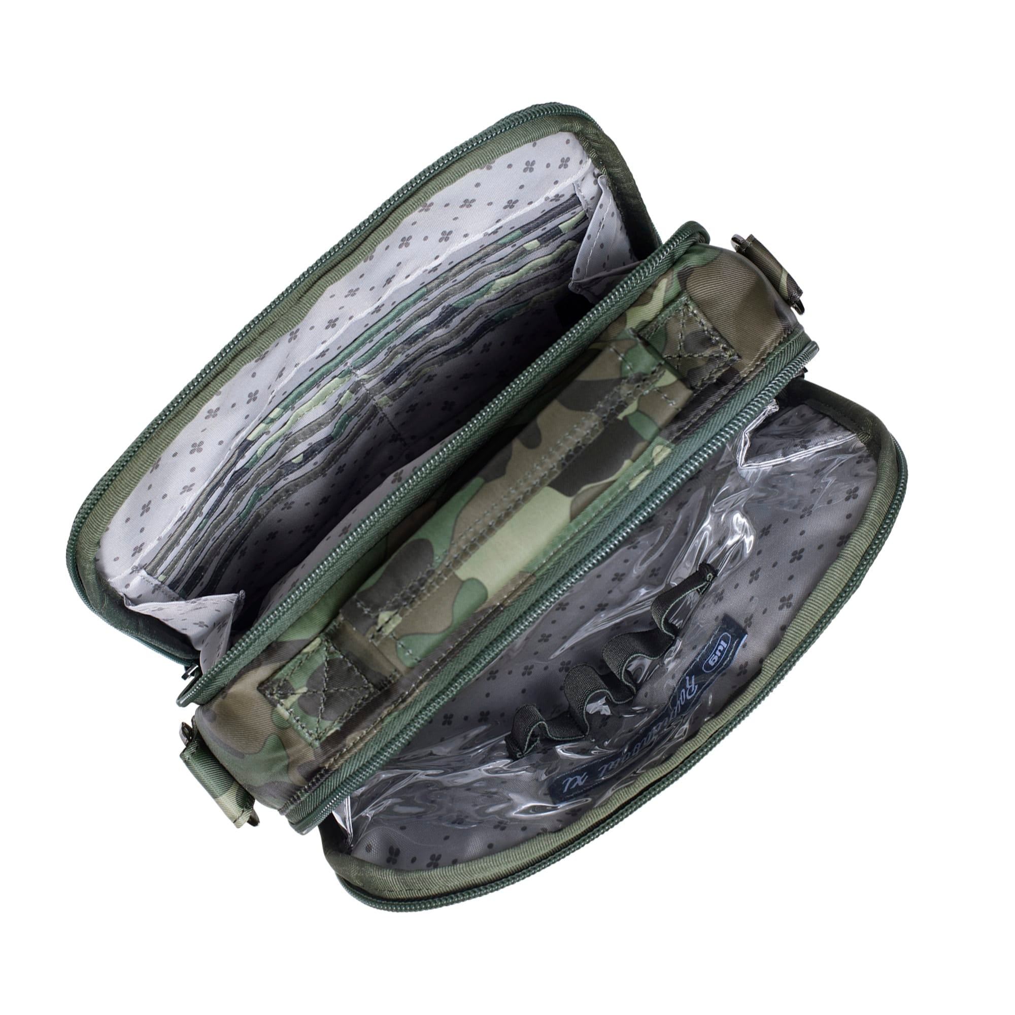 Lug Roundabout XL Convertible Wallet Crossbody in camo green, showing its compact design and adjustable strap.