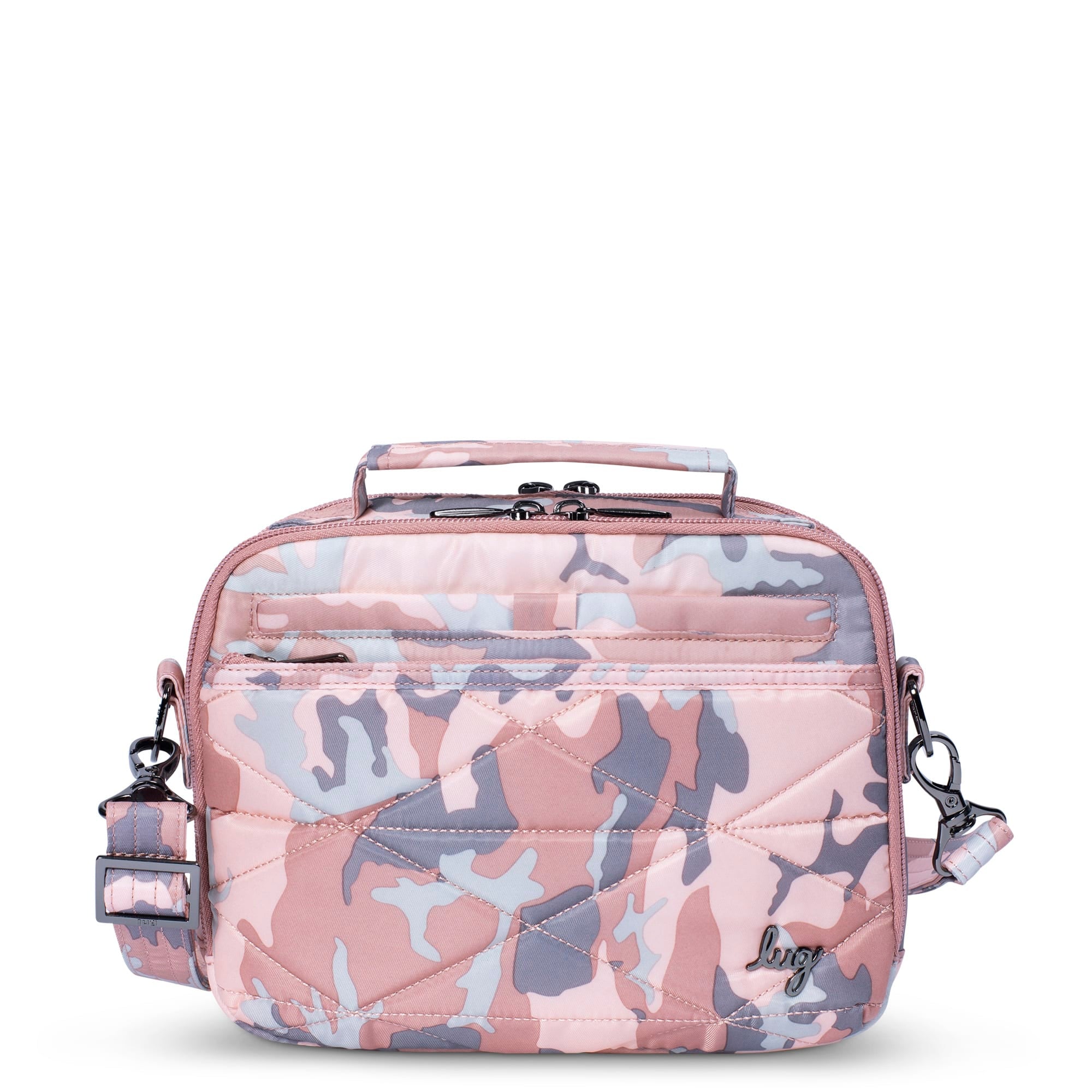 Lug Roundabout XL convertible wallet crossbody bag in camo rose pattern, featuring multiple compartments and adjustable strap.